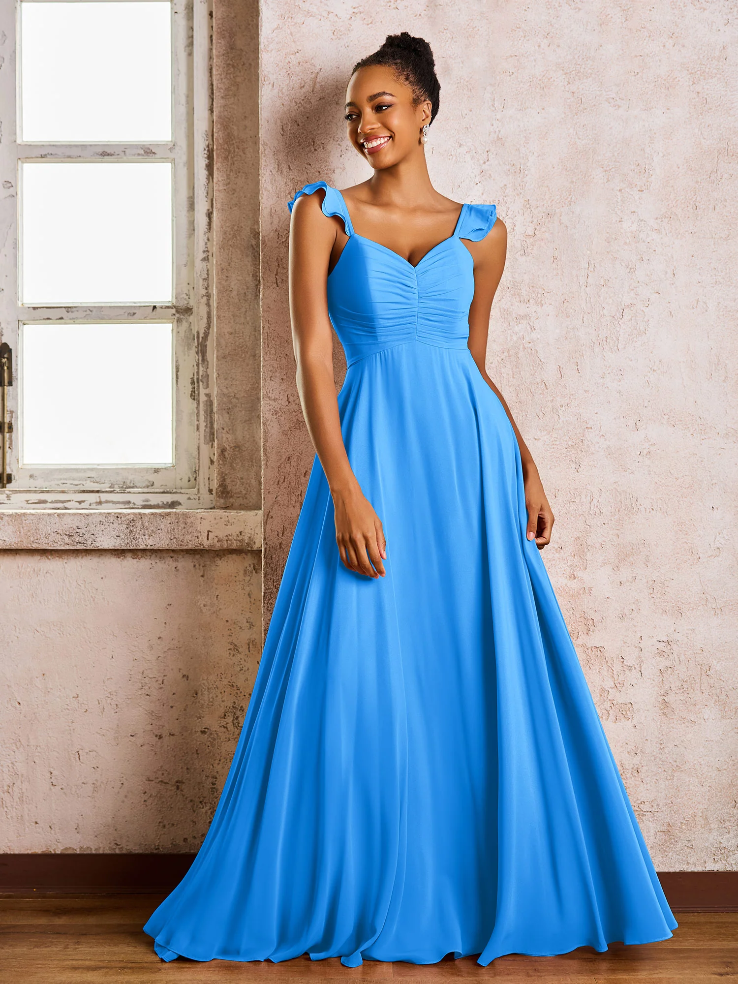 Ruched Straps Sleeveless A-line Chiffon Bridesmaid Dresses Ocean Blue