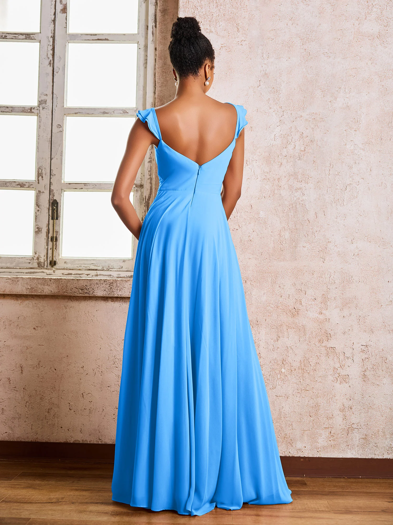 Ruched Straps Sleeveless A-line Chiffon Bridesmaid Dresses Ocean Blue - Image 2
