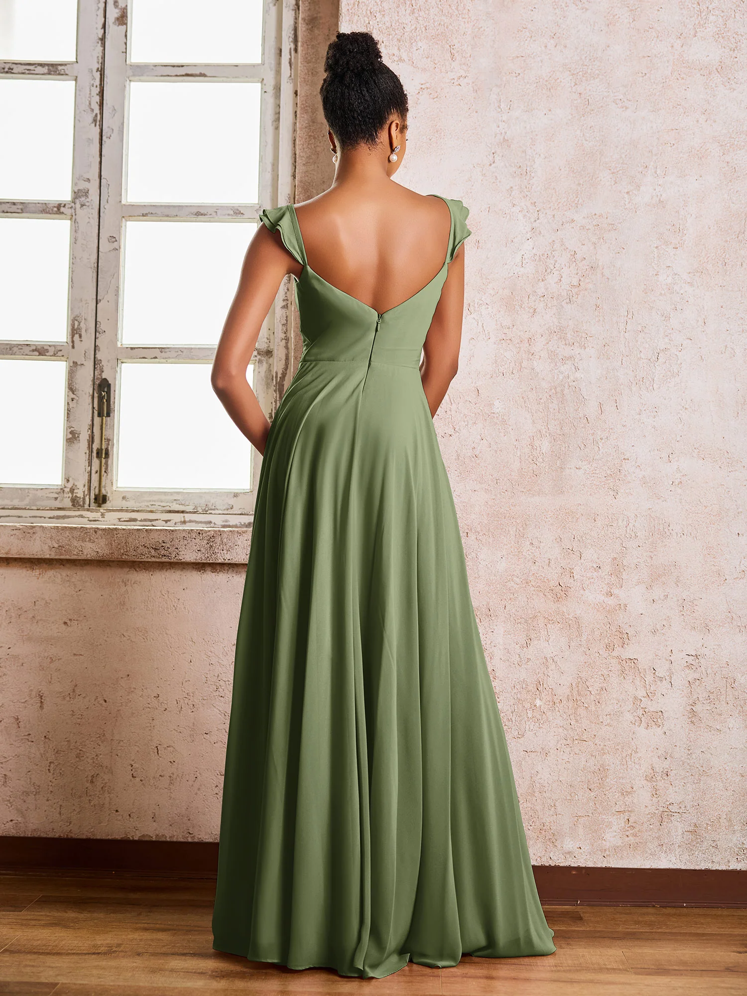 Ruched Straps Sleeveless A-line Chiffon Bridesmaid Dresses Olive Green - Image 2