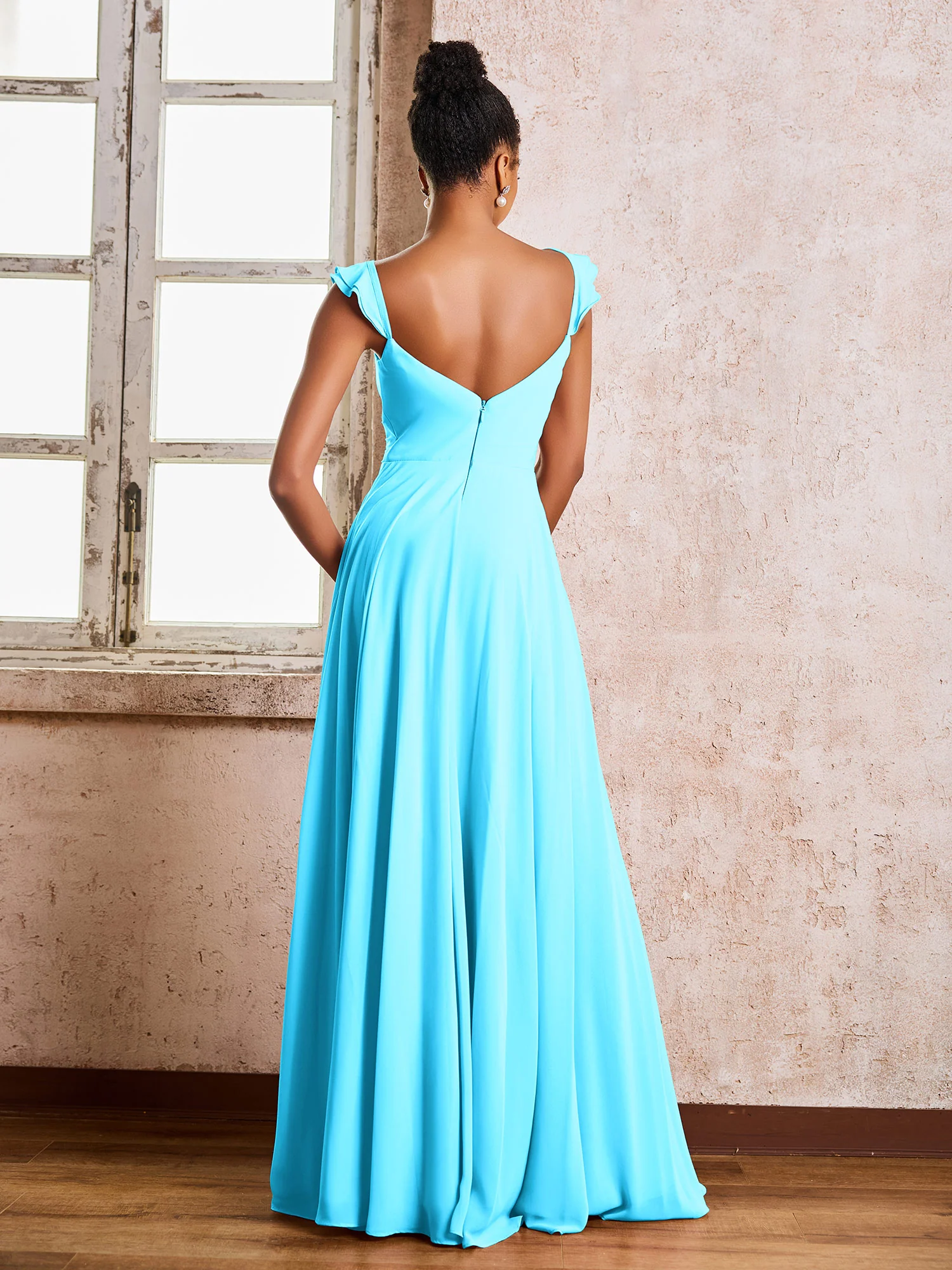 Ruched Straps Sleeveless A-line Chiffon Bridesmaid Dresses Pool - Image 2