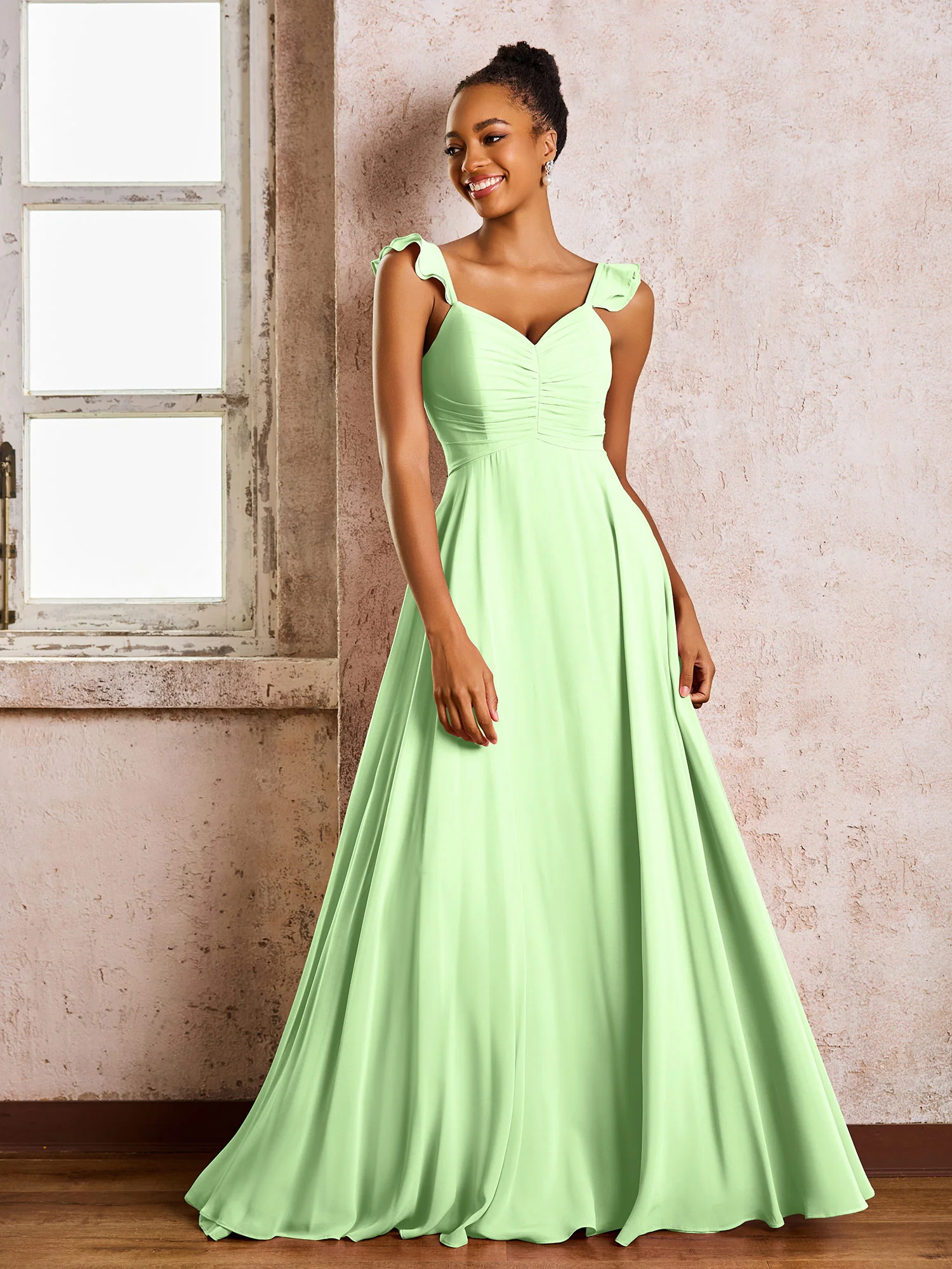Ruched Straps Sleeveless A-line Chiffon Bridesmaid Dresses Sage