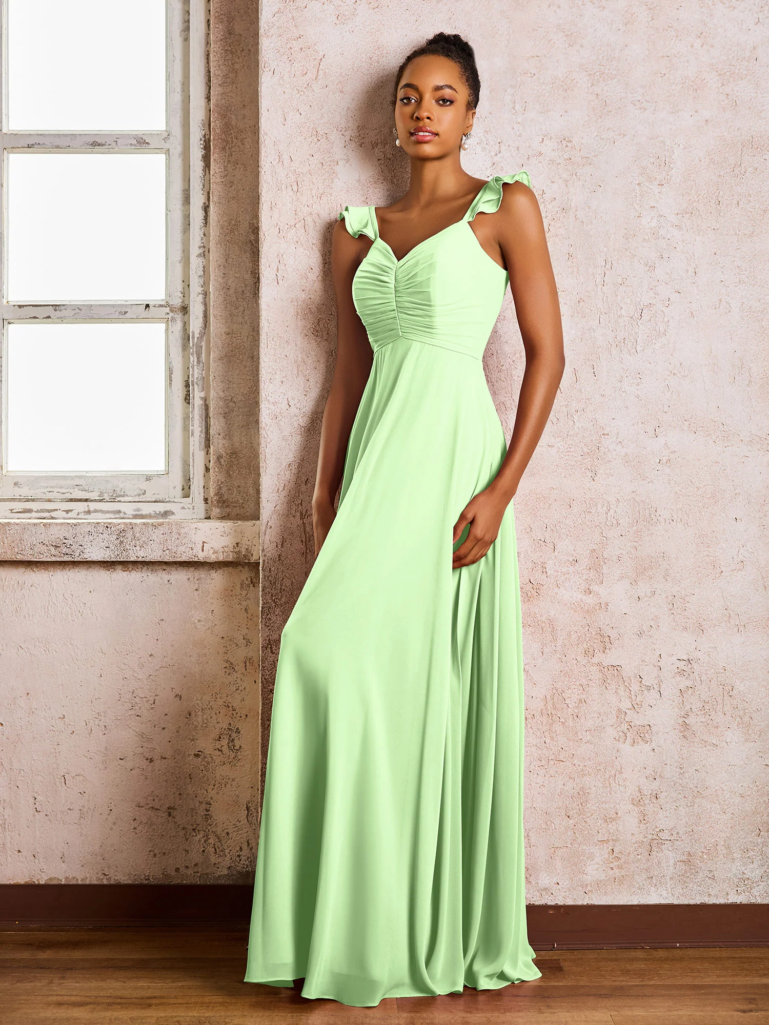 Ruched Straps Sleeveless A-line Chiffon Bridesmaid Dresses Sage - Image 3