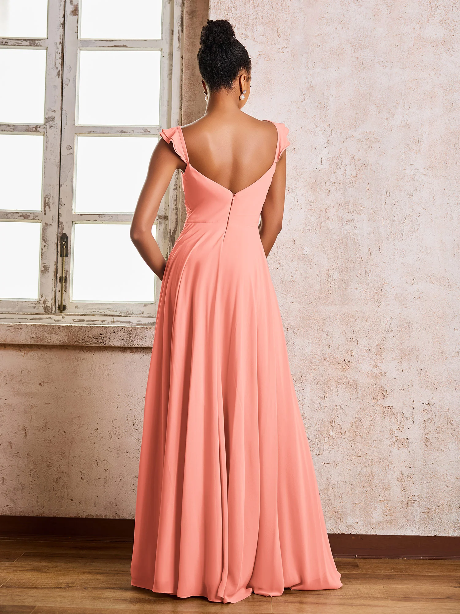 Ruched Straps Sleeveless A-line Chiffon Bridesmaid Dresses Sunset - Image 2