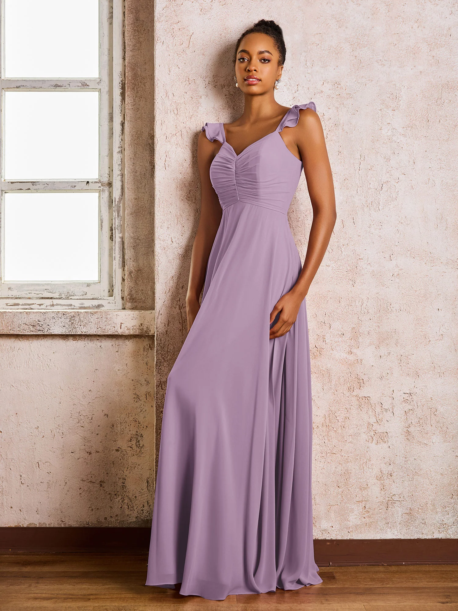 Ruched Straps Sleeveless A-line Chiffon Bridesmaid Dresses Wisteria - Image 3