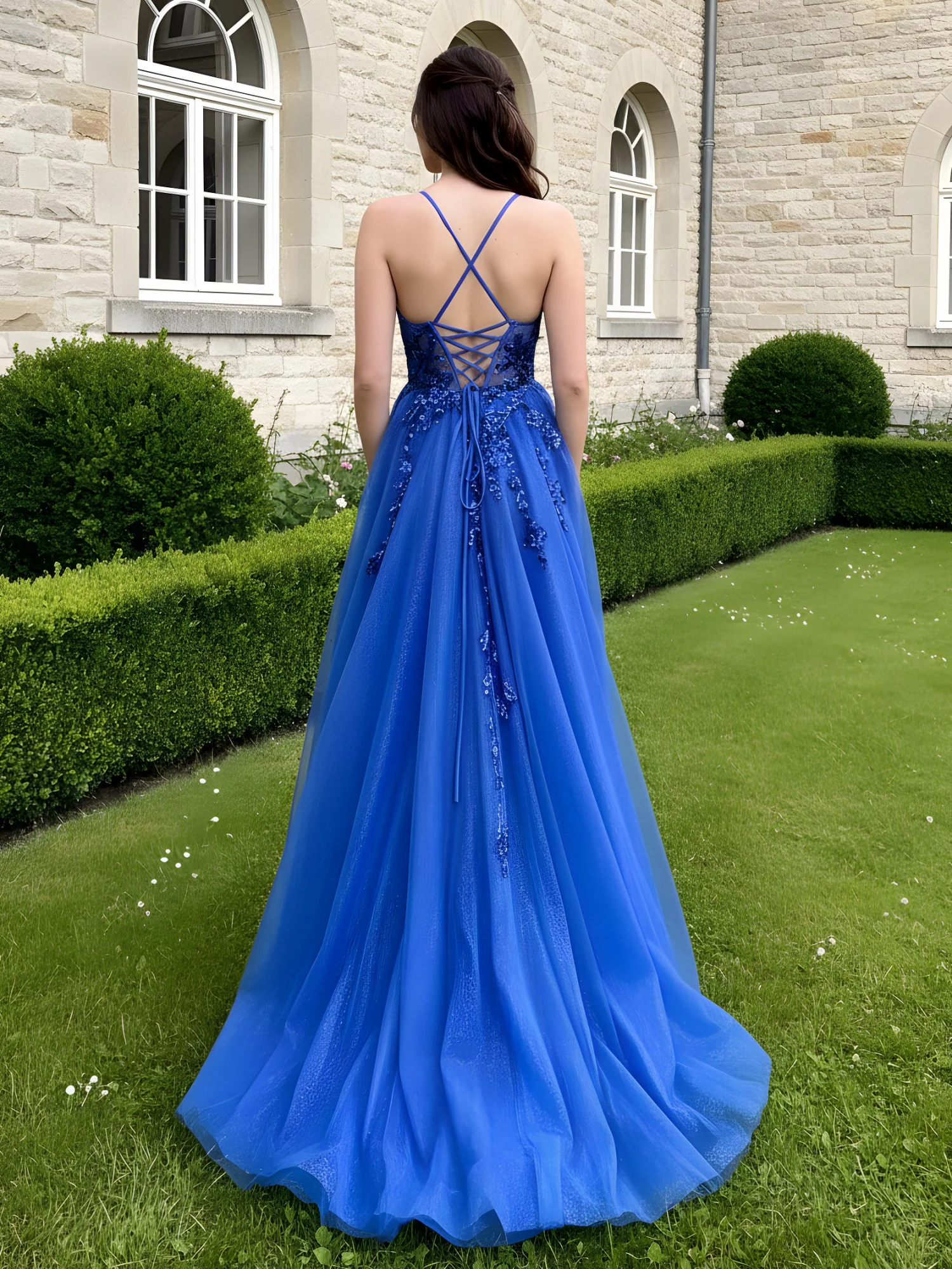 A-Line Sweetheart Neck Applique Tulle Dress Royal Blue - Image 2