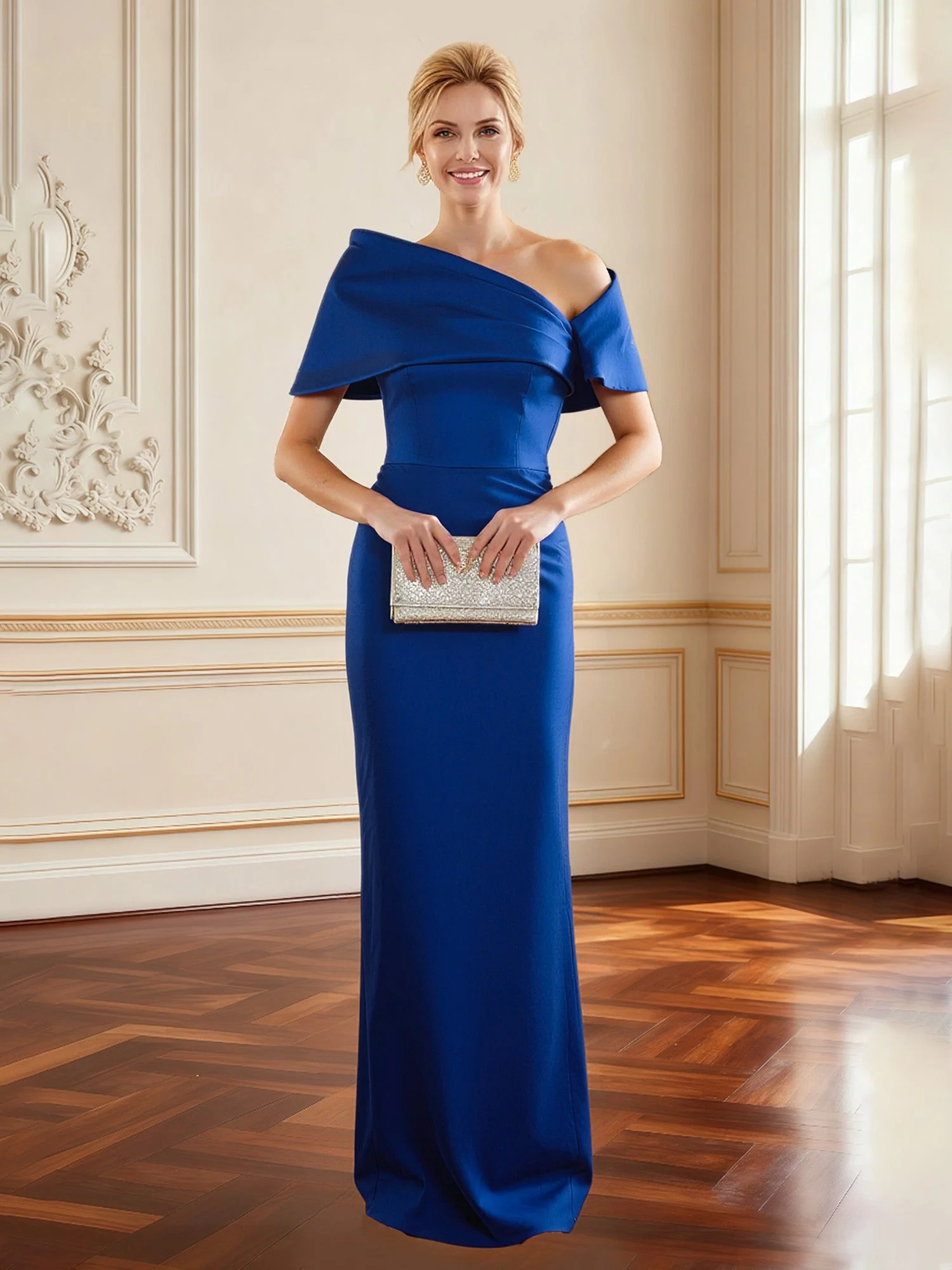 Asymmetrical Off-Shoulder Draped Gown Grape