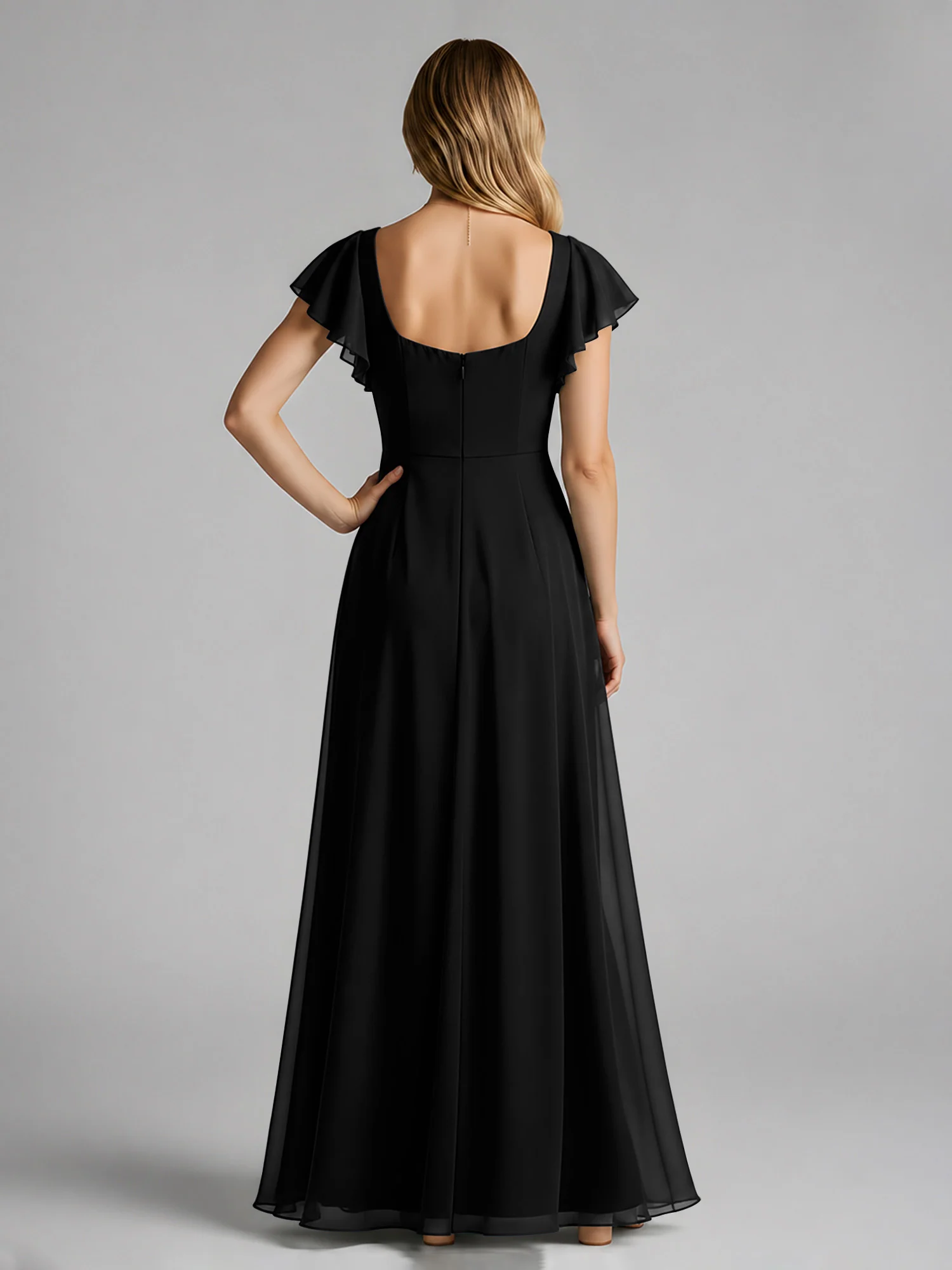 Chiffon Square Neck Flutter Sleeves Dresses With Slit Black - Image 2