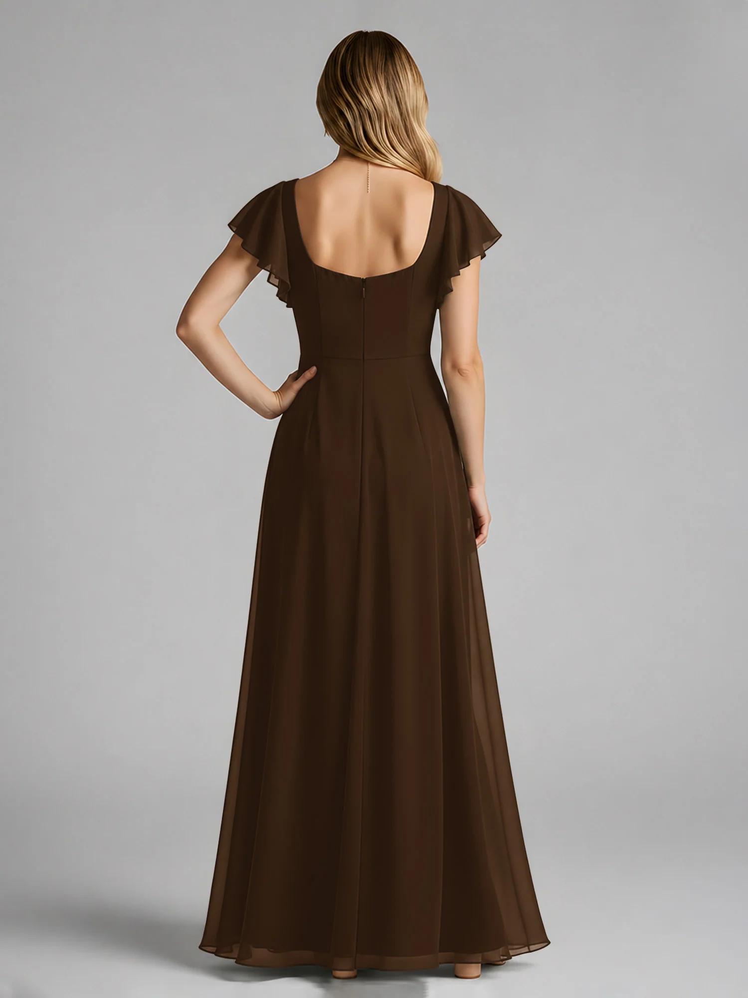 Chiffon Square Neck Flutter Sleeves Dresses With Slit Brown - Image 2