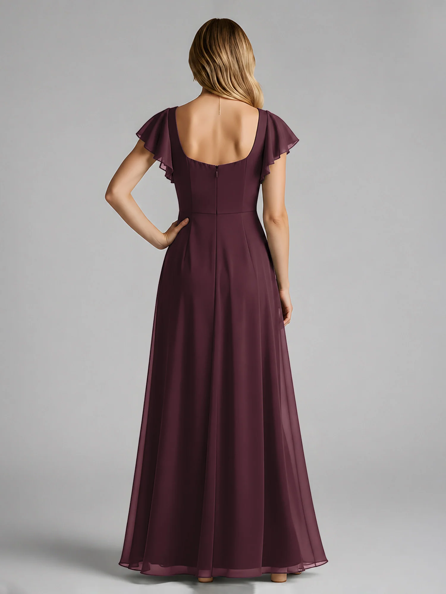 Chiffon Square Neck Flutter Sleeves Dresses With Slit Cabernet - Image 2