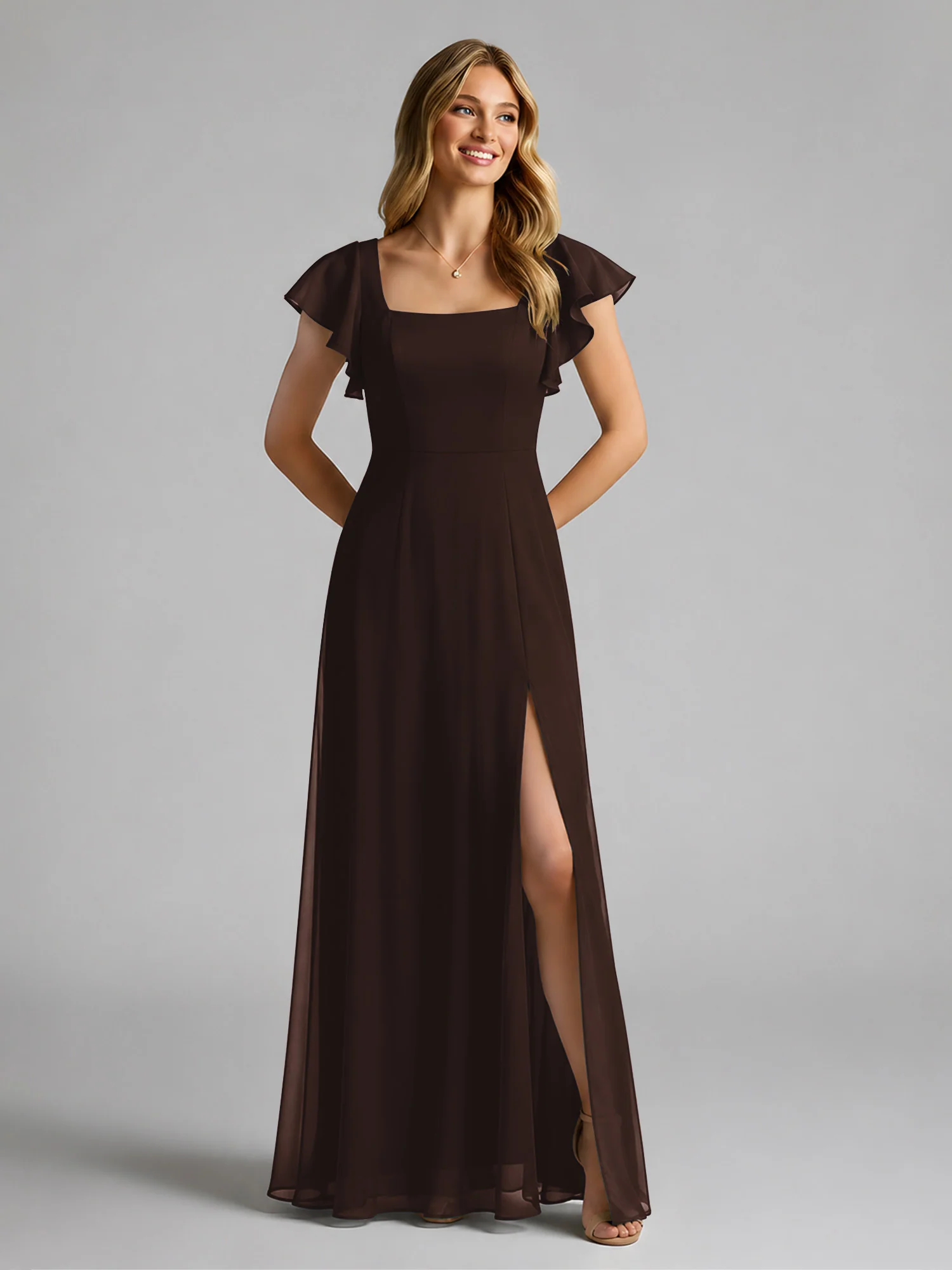 Chiffon Square Neck Flutter Sleeves Dresses With Slit Chocolate