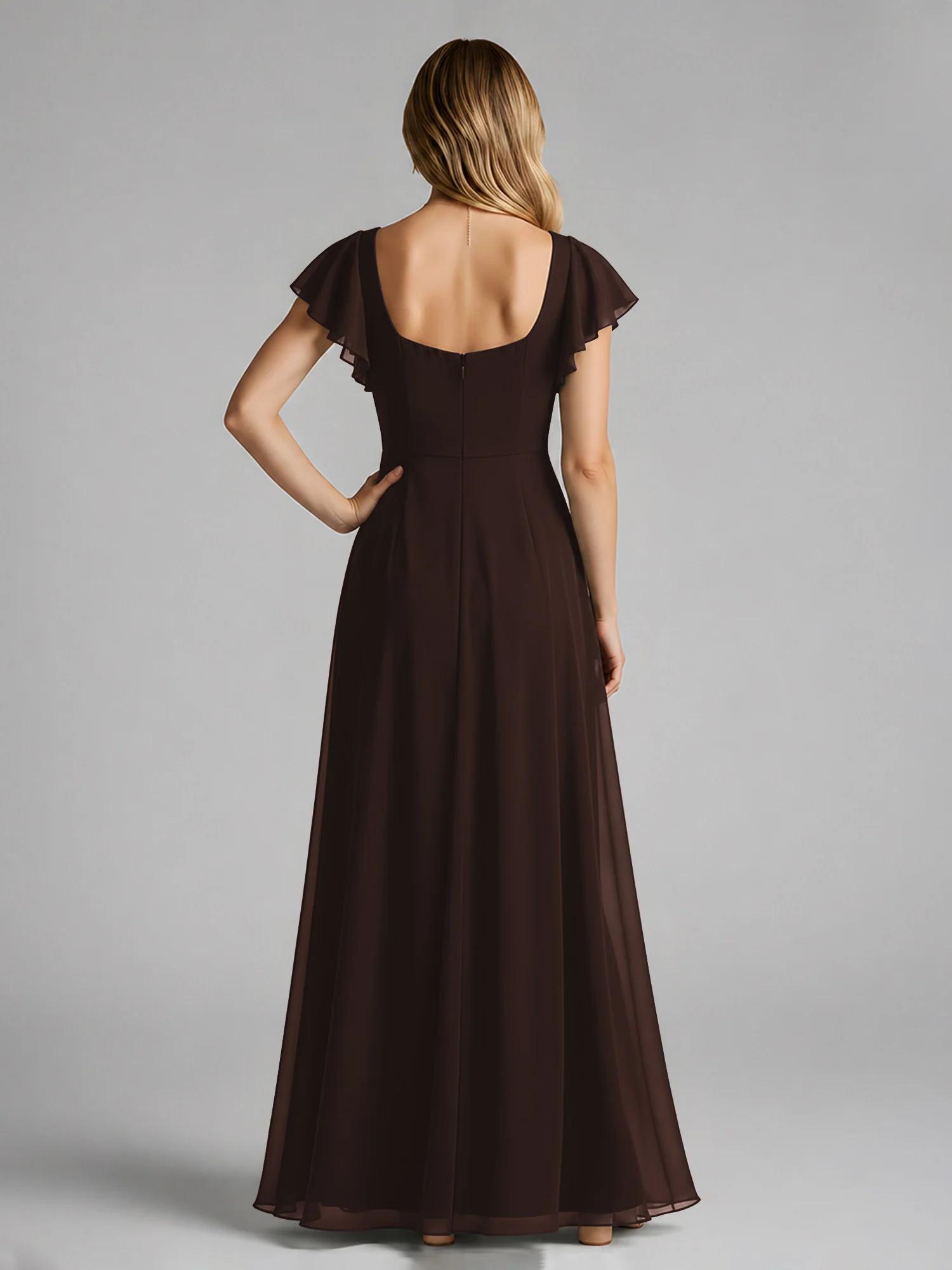 Chiffon Square Neck Flutter Sleeves Dresses With Slit Chocolate - Image 2