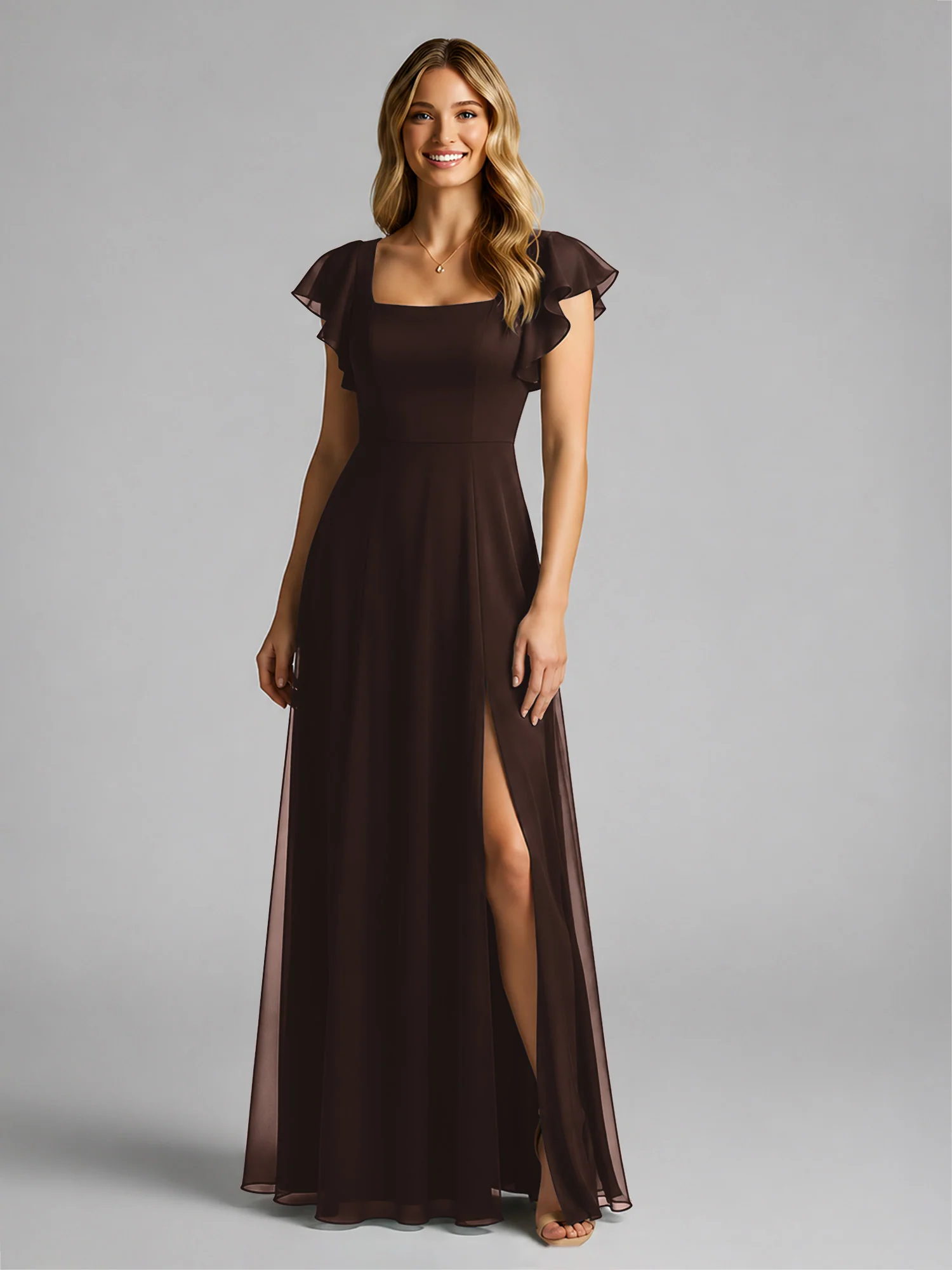 Chiffon Square Neck Flutter Sleeves Dresses With Slit Chocolate - Image 3