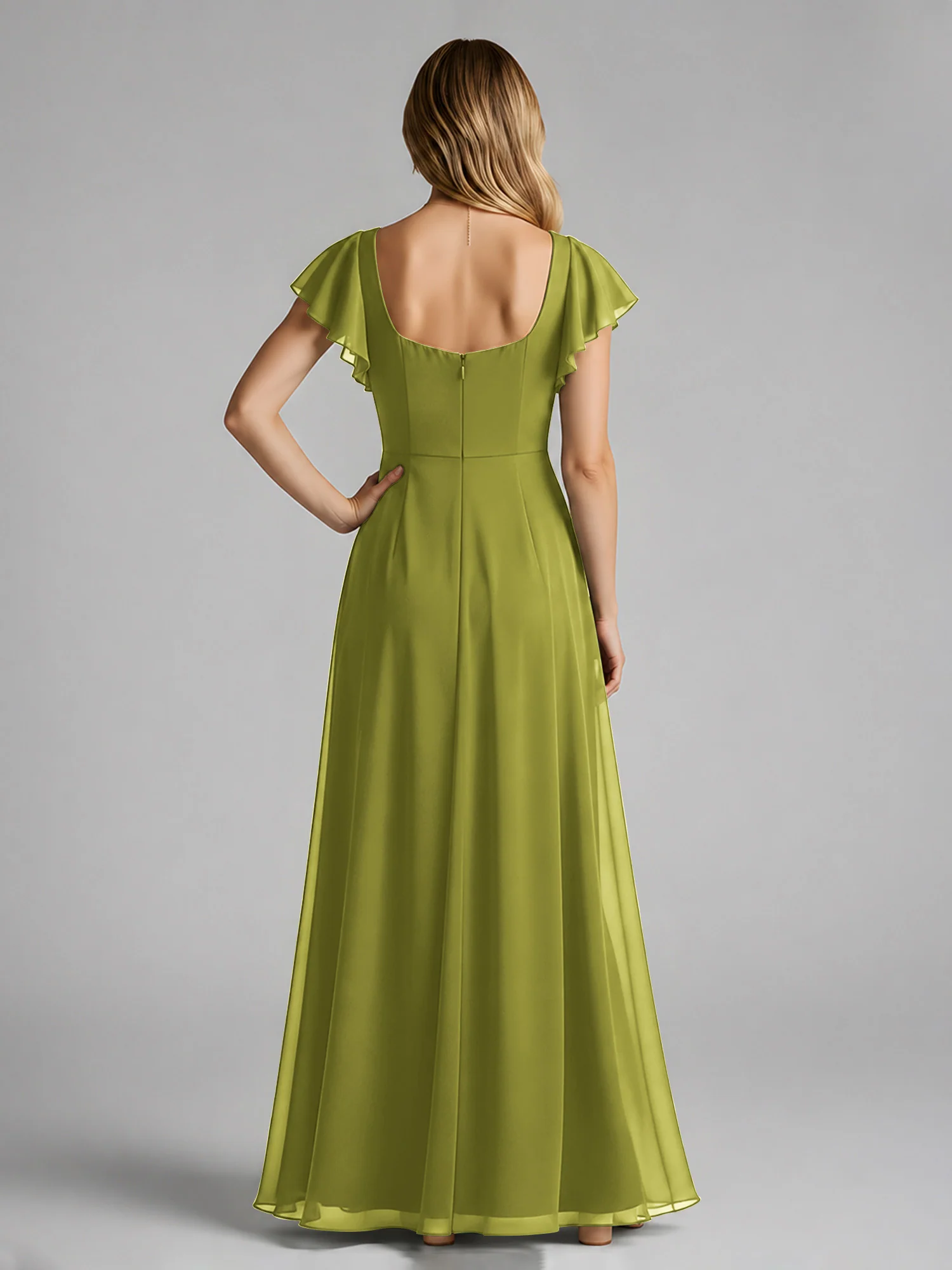 Chiffon Square Neck Flutter Sleeves Dresses With Slit Clover - Image 2
