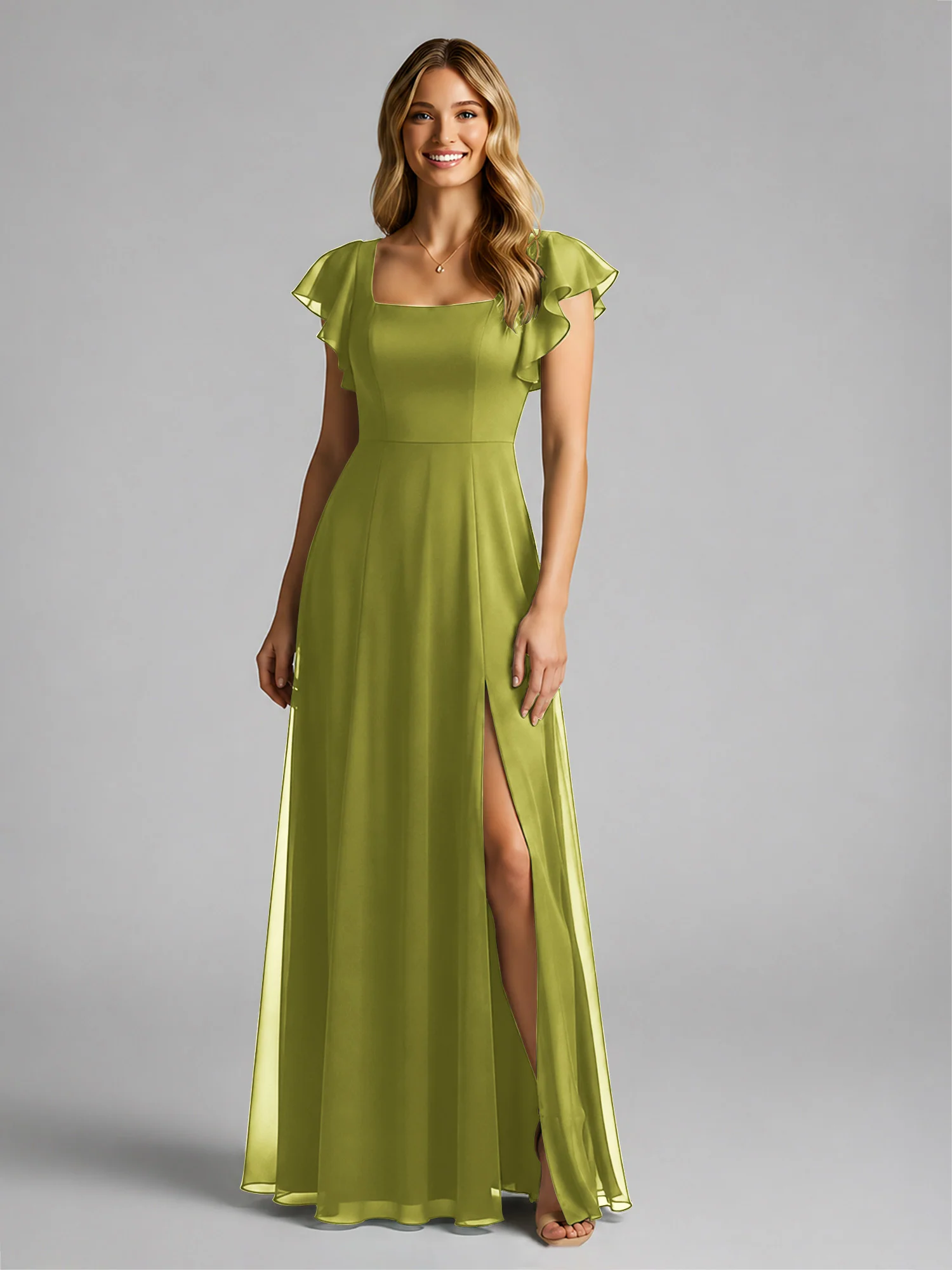Chiffon Square Neck Flutter Sleeves Dresses With Slit Clover - Image 3