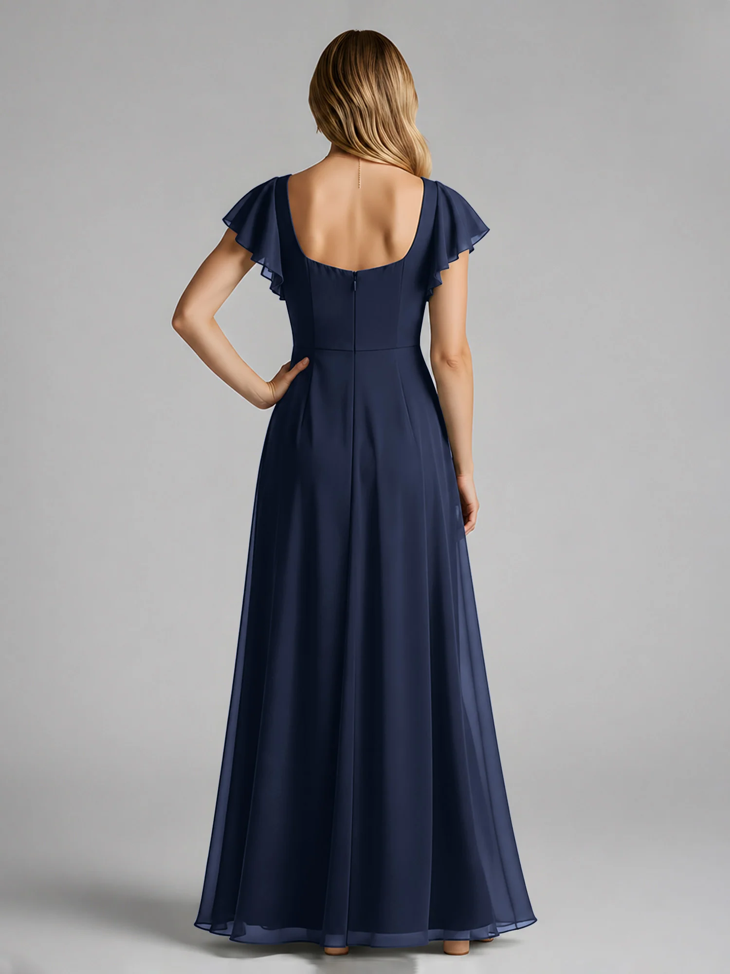 Chiffon Square Neck Flutter Sleeves Dresses With Slit Dark Navy - Image 2