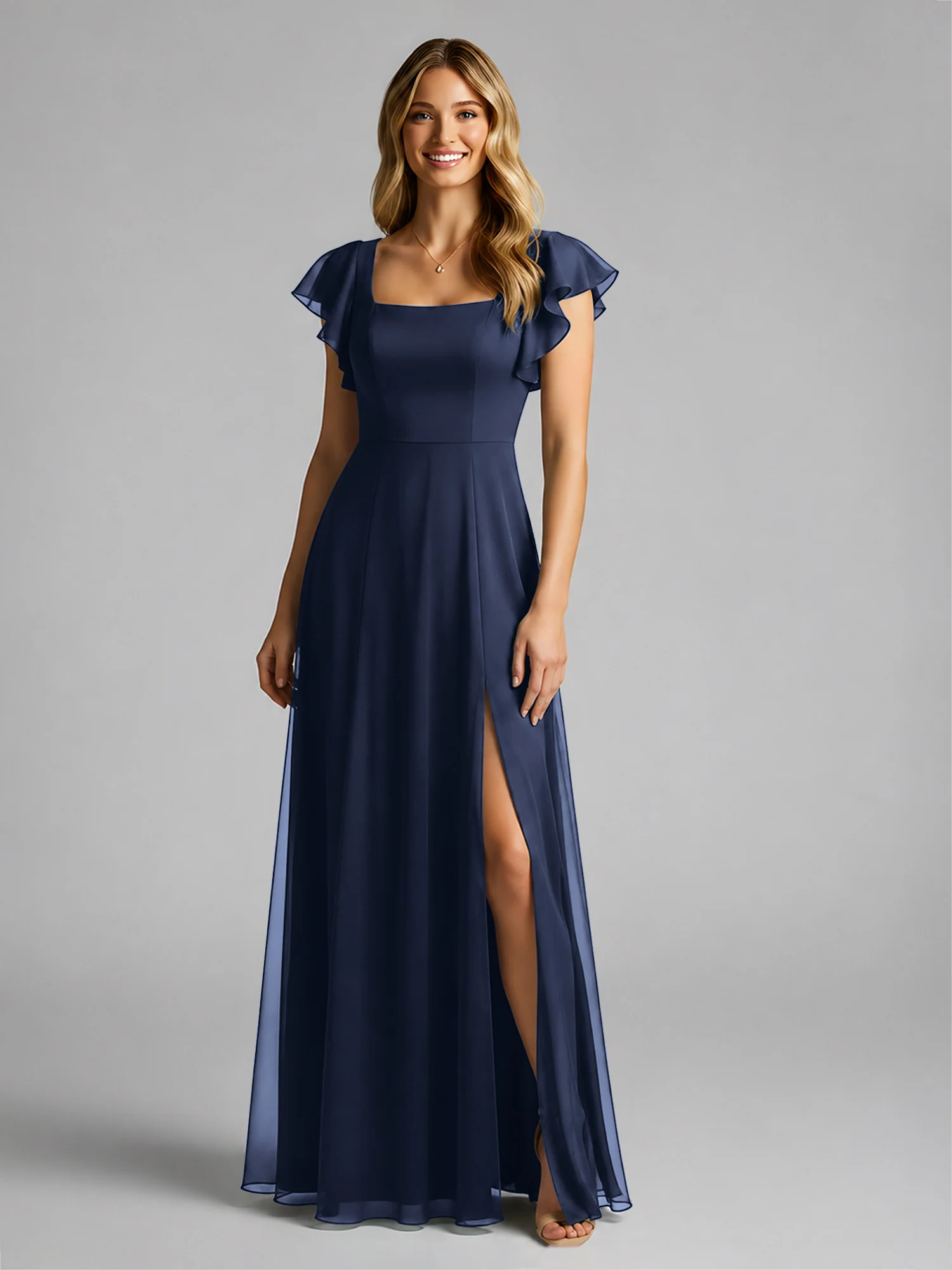Chiffon Square Neck Flutter Sleeves Dresses With Slit Dark Navy - Image 3