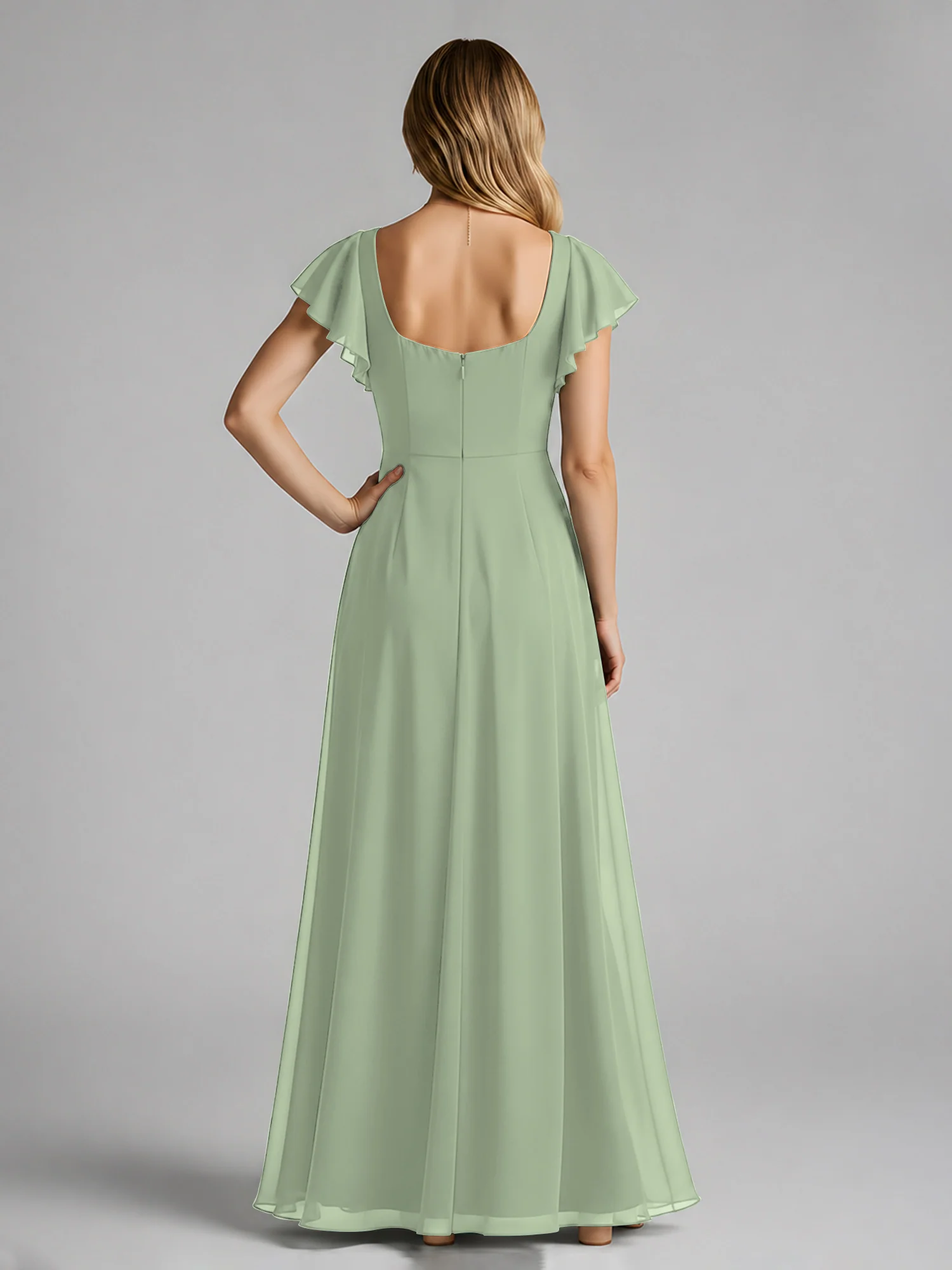 Chiffon Square Neck Flutter Sleeves Dresses With Slit Dusty Sage - Image 2