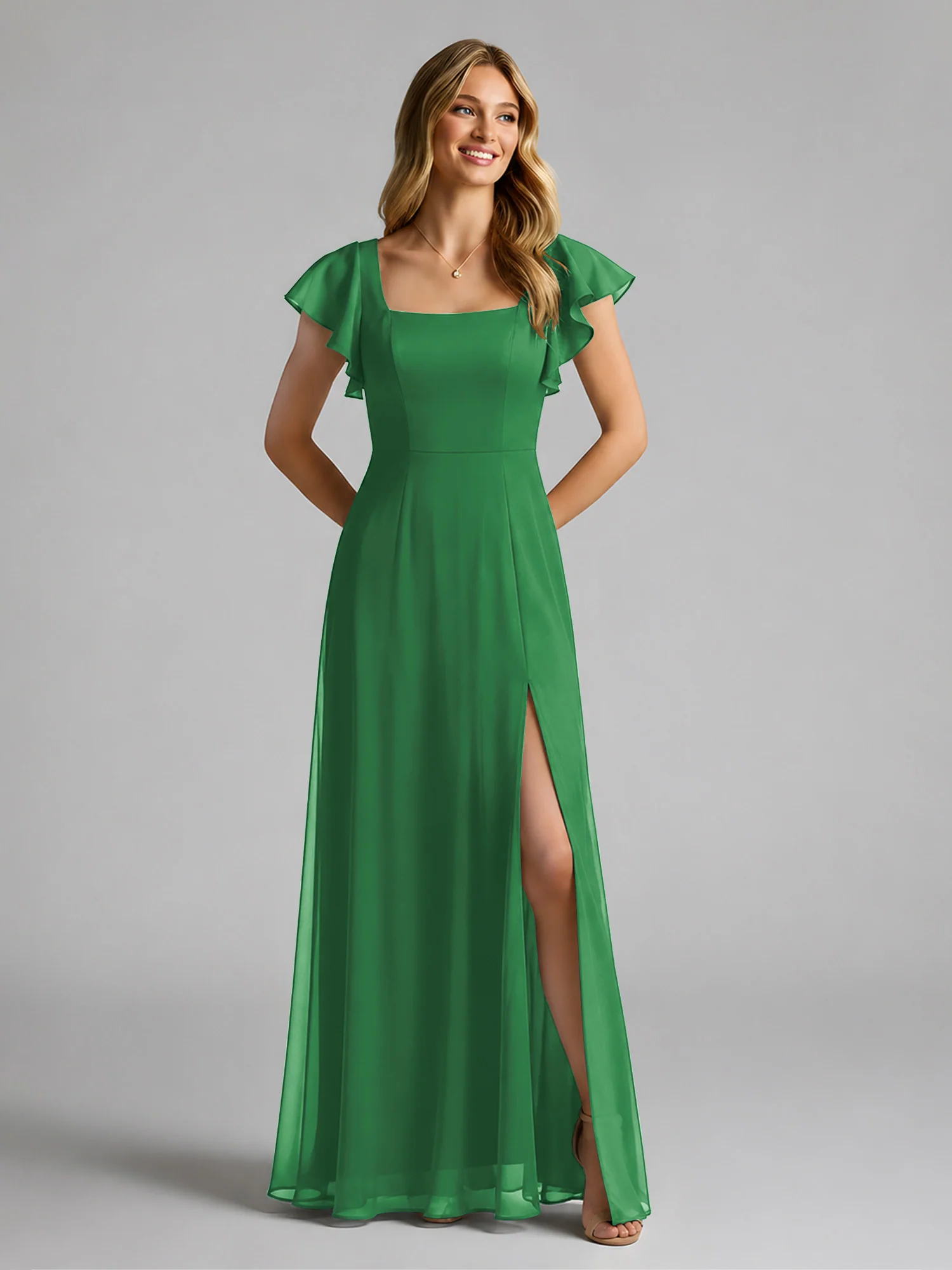 Chiffon Square Neck Flutter Sleeves Dresses With Slit Emerald