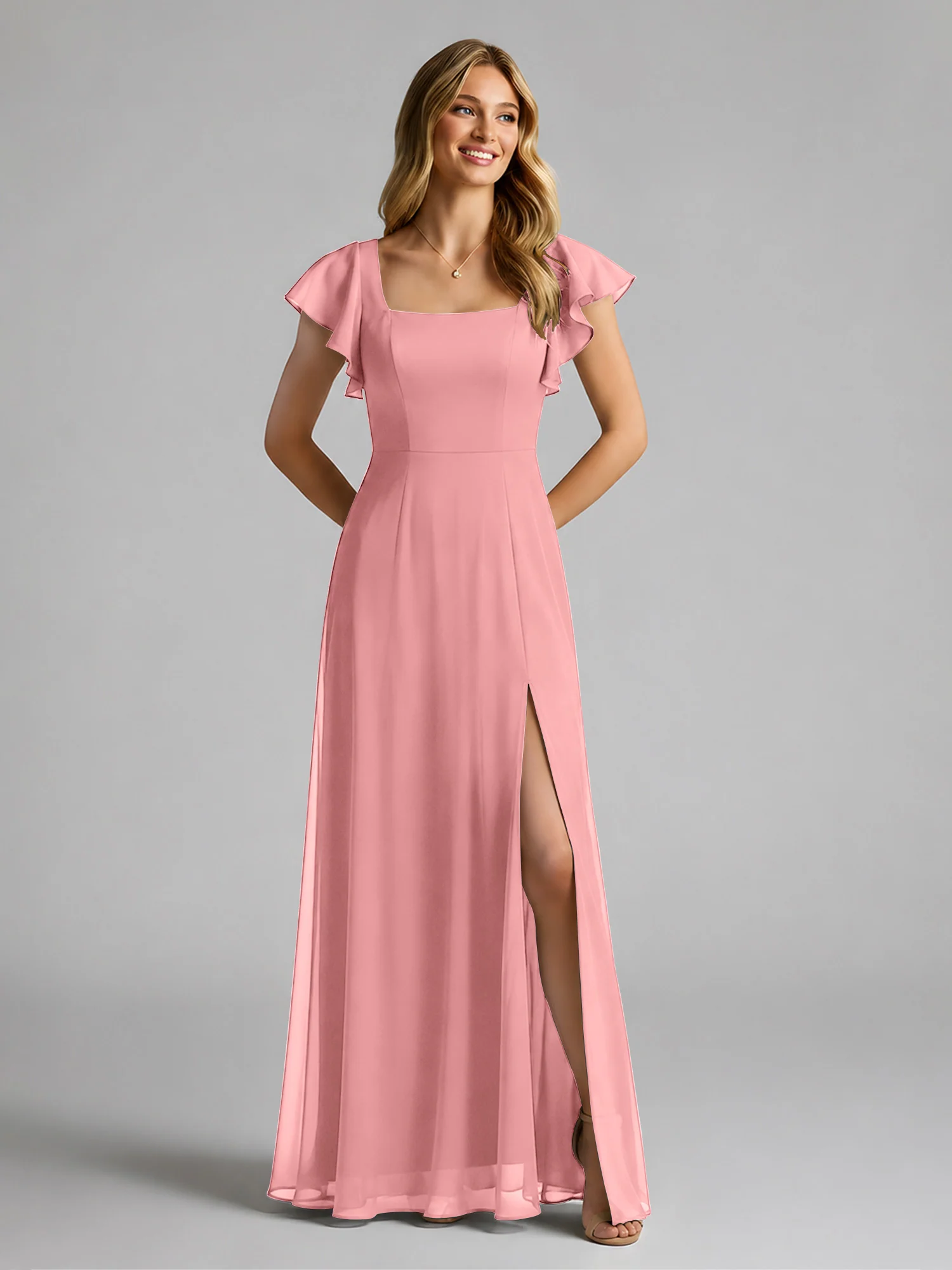 Chiffon Square Neck Flutter Sleeves Dresses With Slit Flamingo