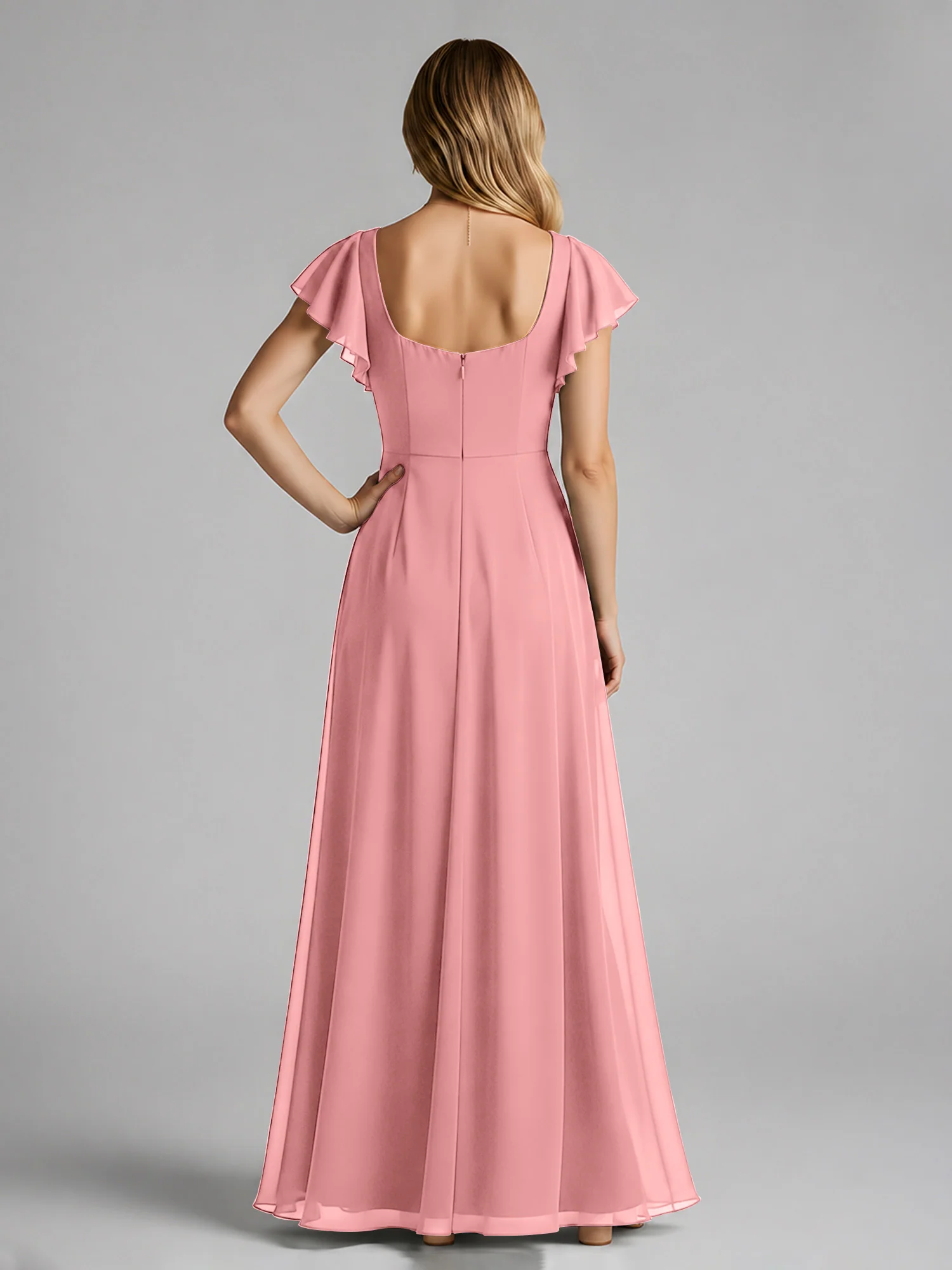 Chiffon Square Neck Flutter Sleeves Dresses With Slit Flamingo - Image 2
