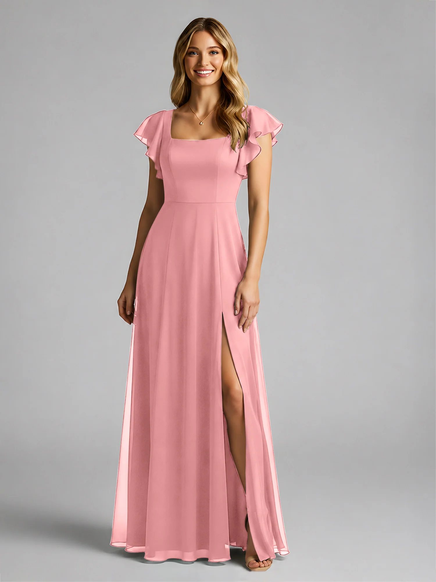 Chiffon Square Neck Flutter Sleeves Dresses With Slit Flamingo - Image 3