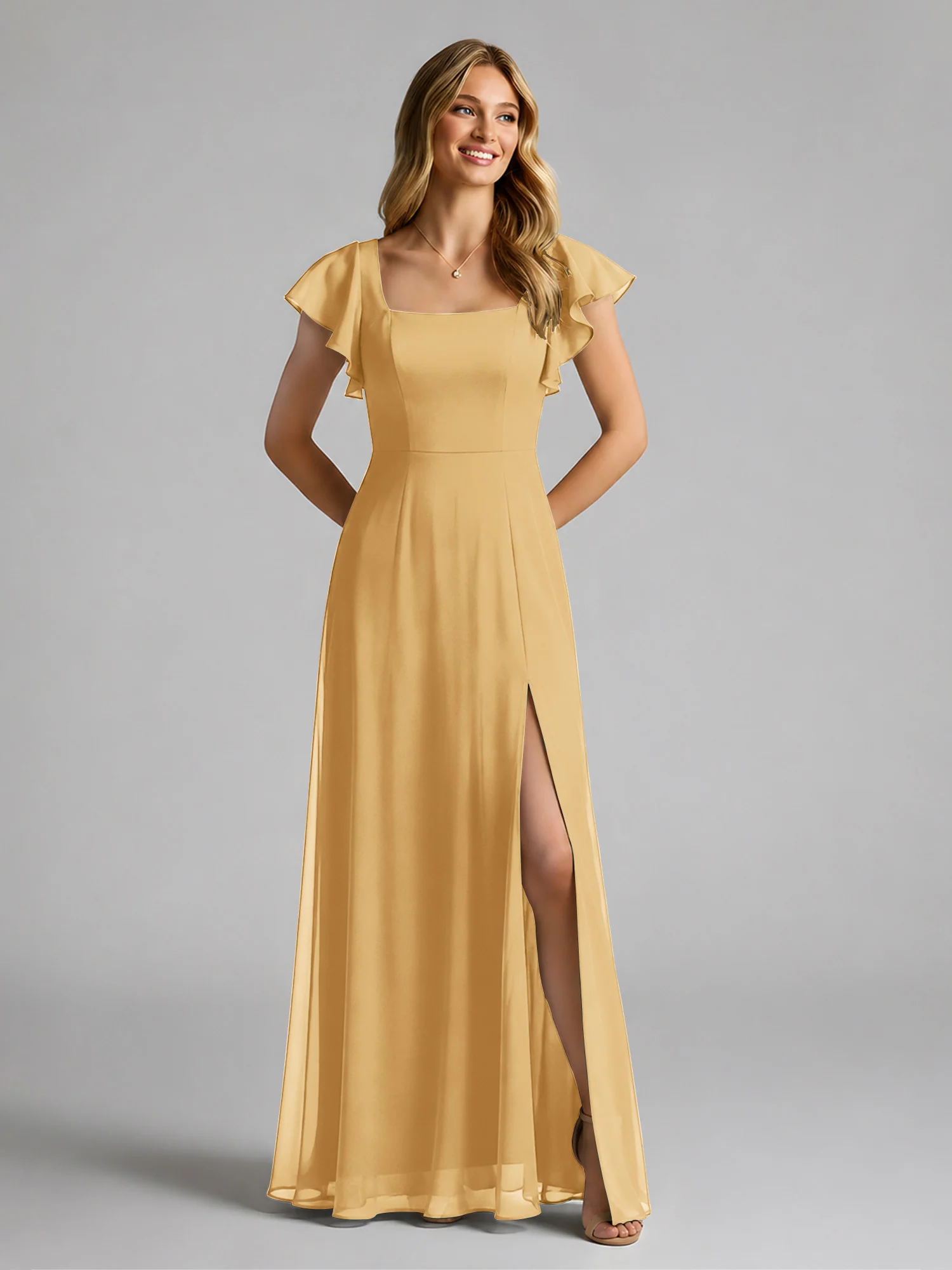 Chiffon Square Neck Flutter Sleeves Dresses With Slit Gold
