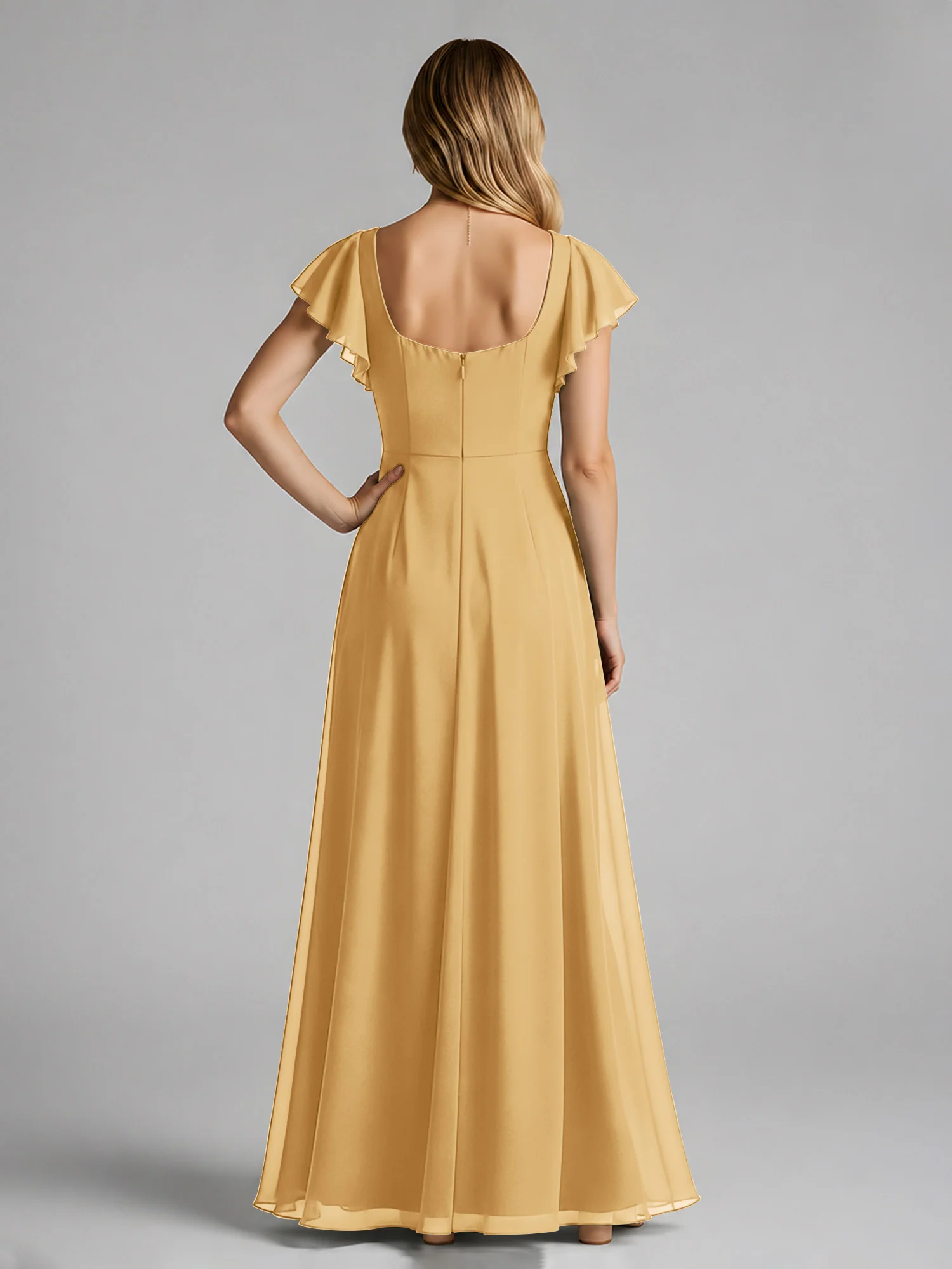 Chiffon Square Neck Flutter Sleeves Dresses With Slit Gold - Image 2