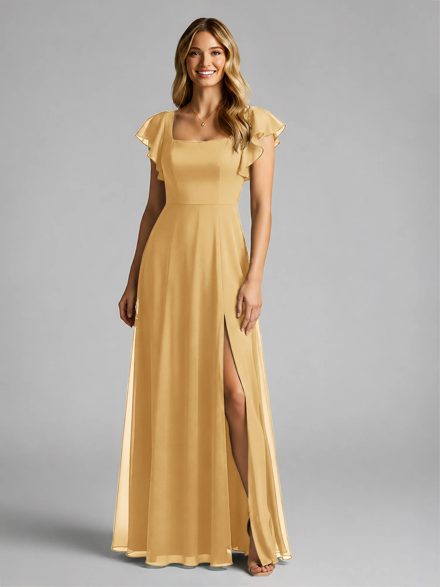 Chiffon Square Neck Flutter Sleeves Dresses With Slit Gold - Image 3