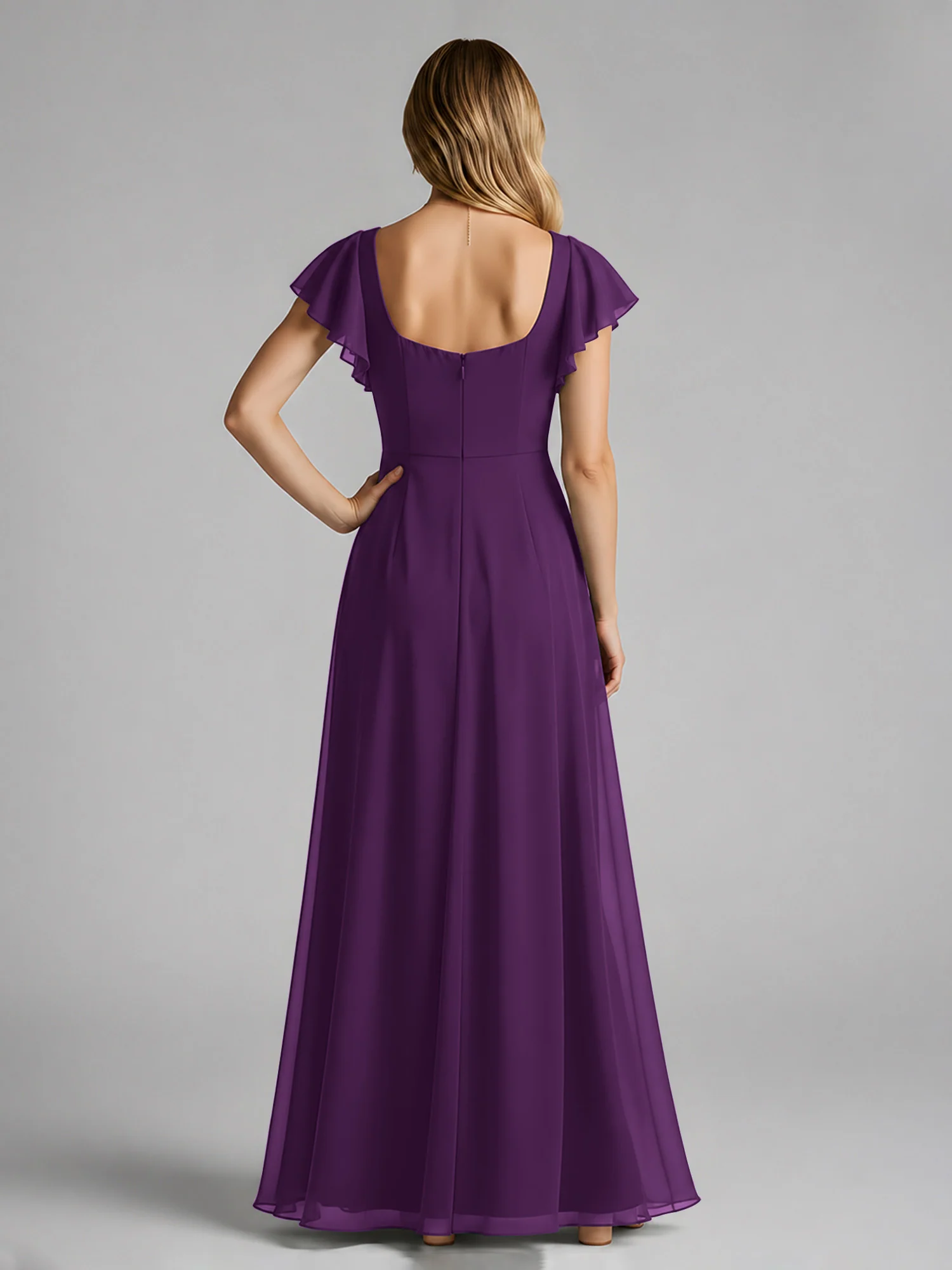 Chiffon Square Neck Flutter Sleeves Dresses With Slit Grape - Image 2