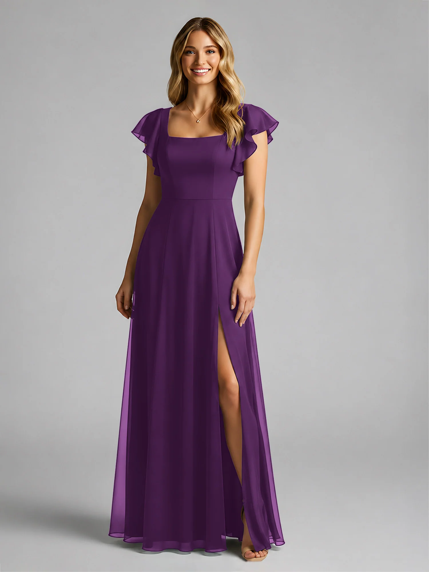Chiffon Square Neck Flutter Sleeves Dresses With Slit Grape - Image 3