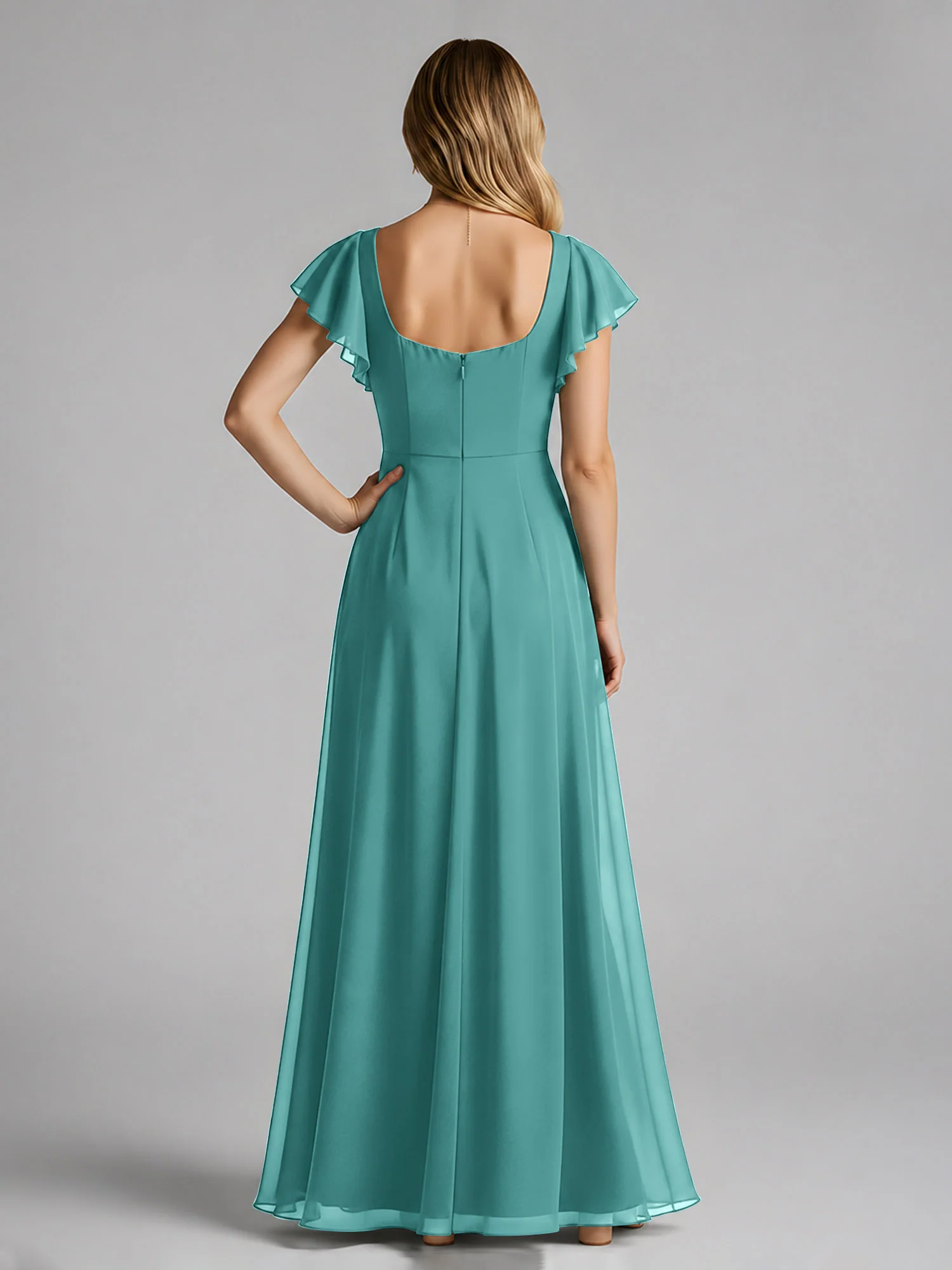Chiffon Square Neck Flutter Sleeves Dresses With Slit Jade - Image 2