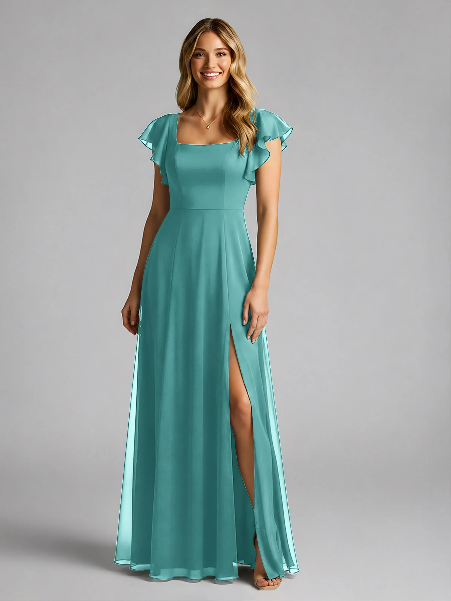 Chiffon Square Neck Flutter Sleeves Dresses With Slit Jade - Image 3