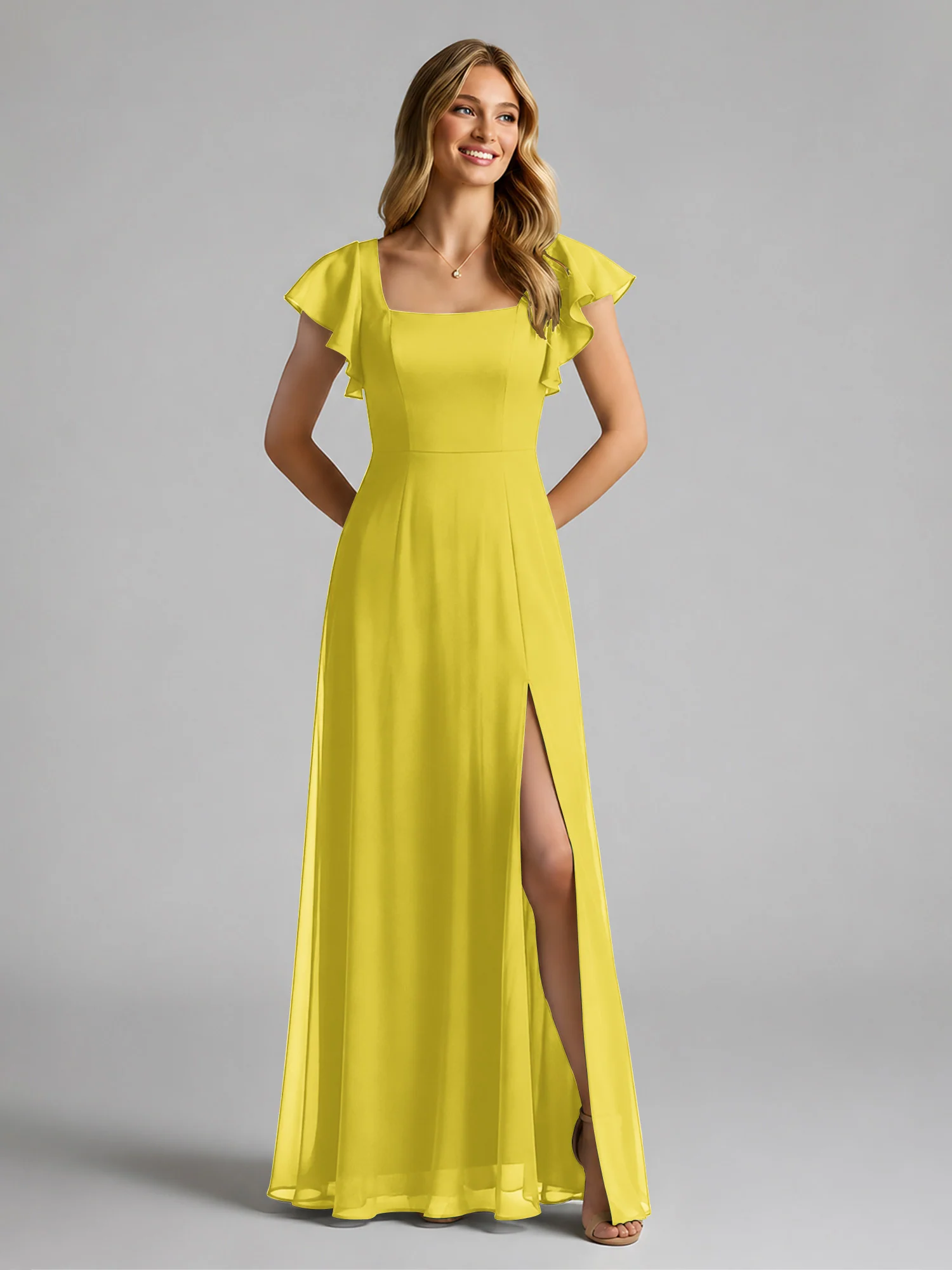 Chiffon Square Neck Flutter Sleeves Dresses With Slit Lemon