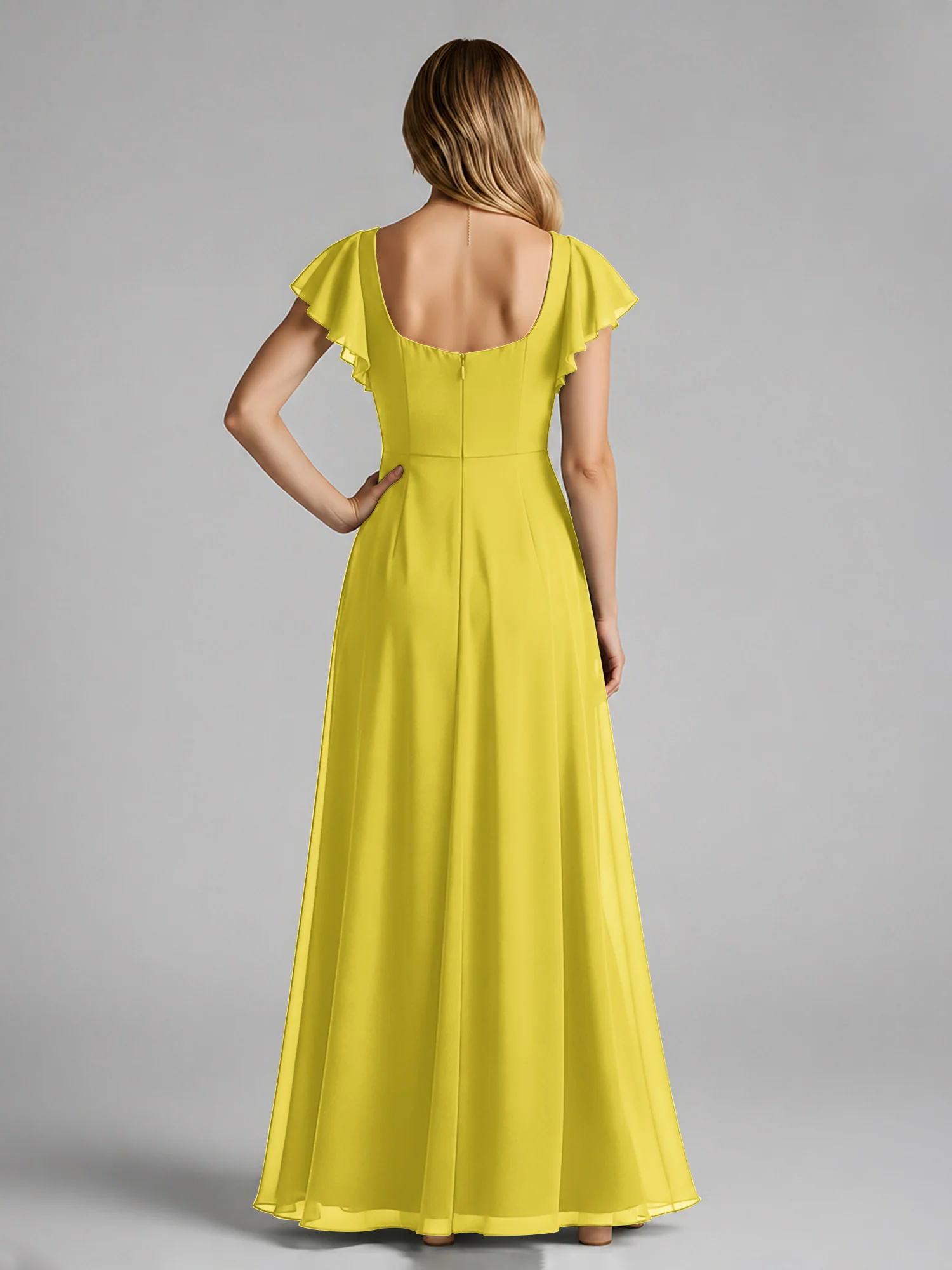 Chiffon Square Neck Flutter Sleeves Dresses With Slit Lemon - Image 2