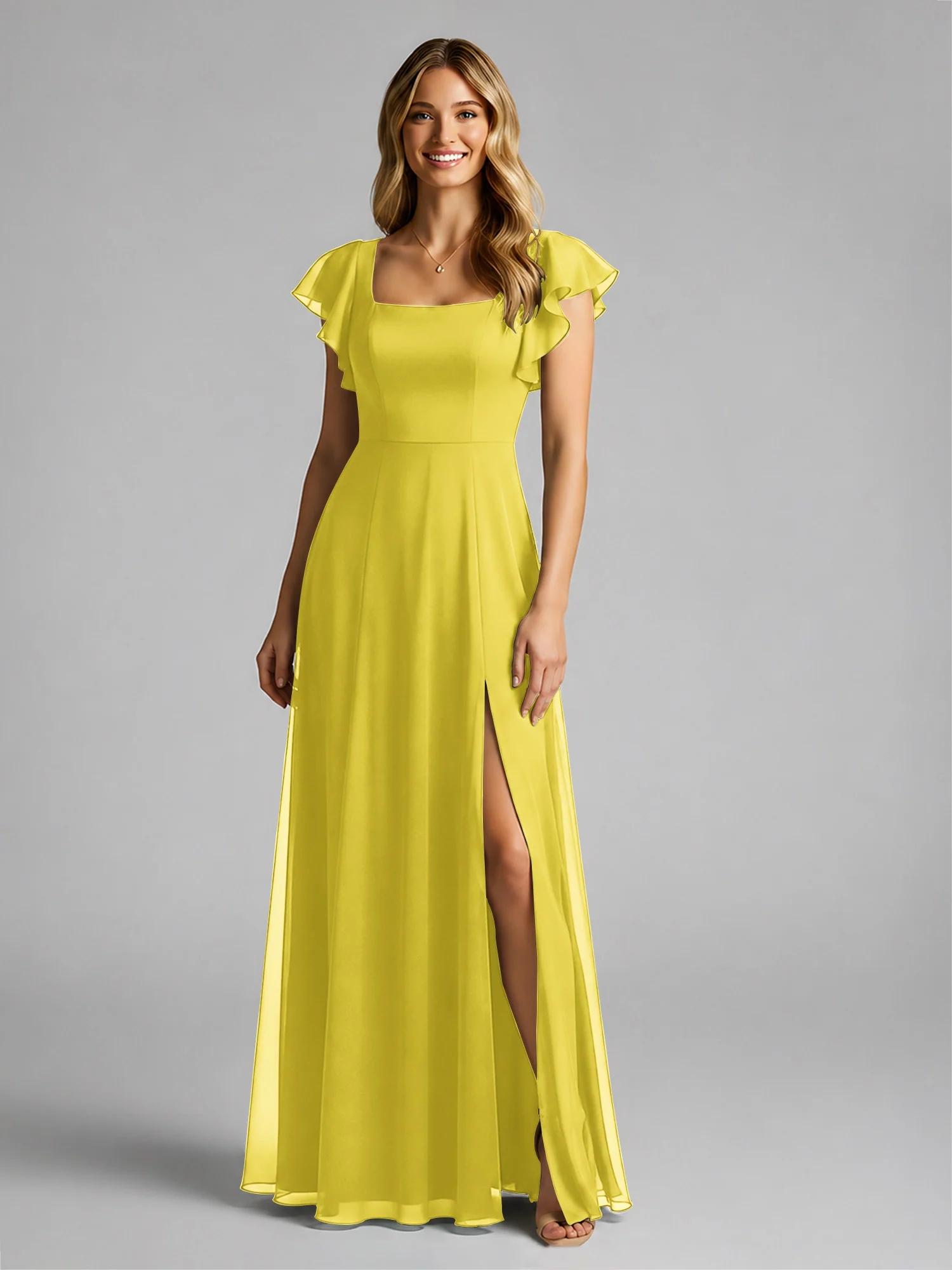 Chiffon Square Neck Flutter Sleeves Dresses With Slit Lemon - Image 3