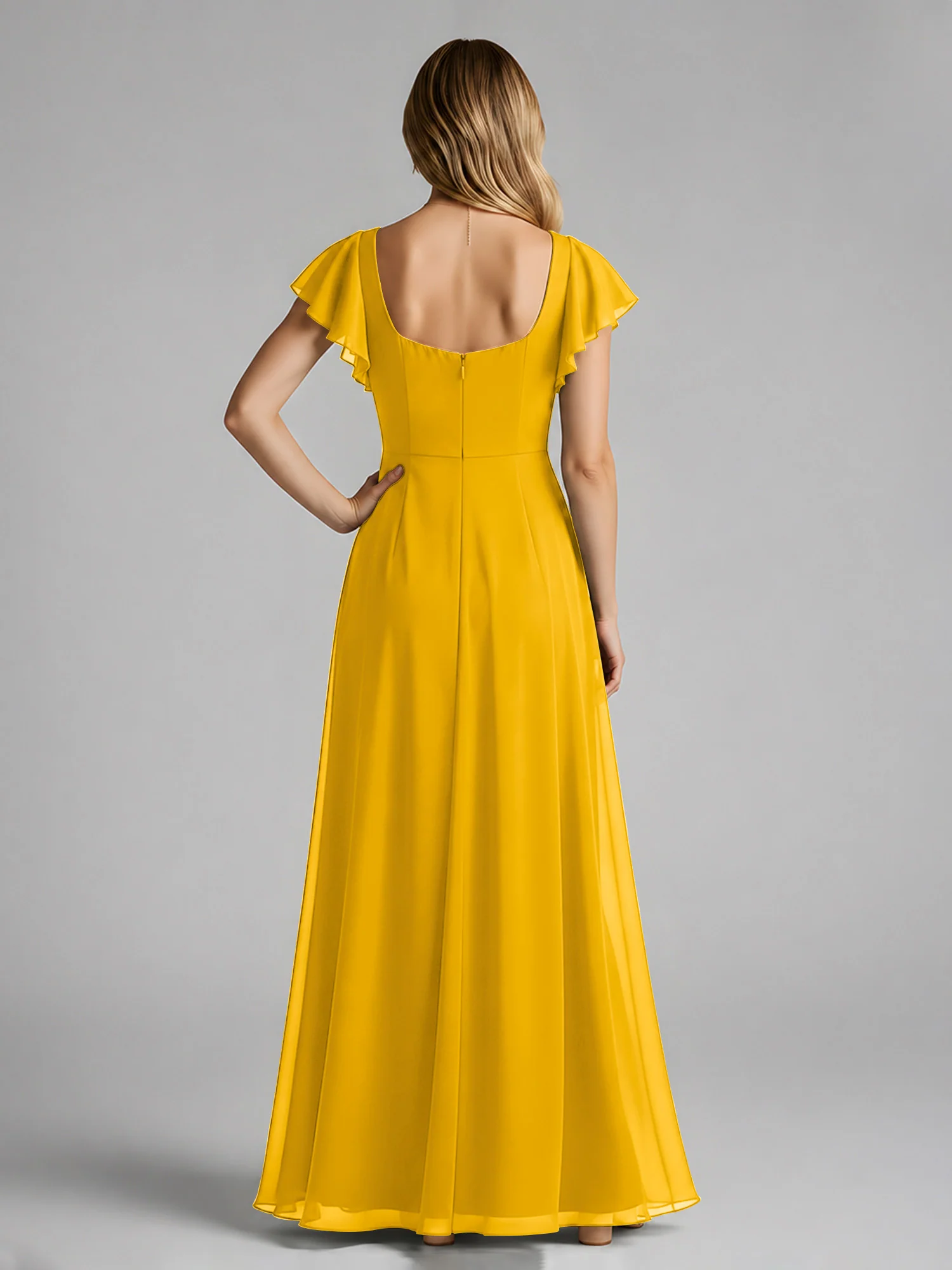Chiffon Square Neck Flutter Sleeves Dresses With Slit Marigold - Image 2