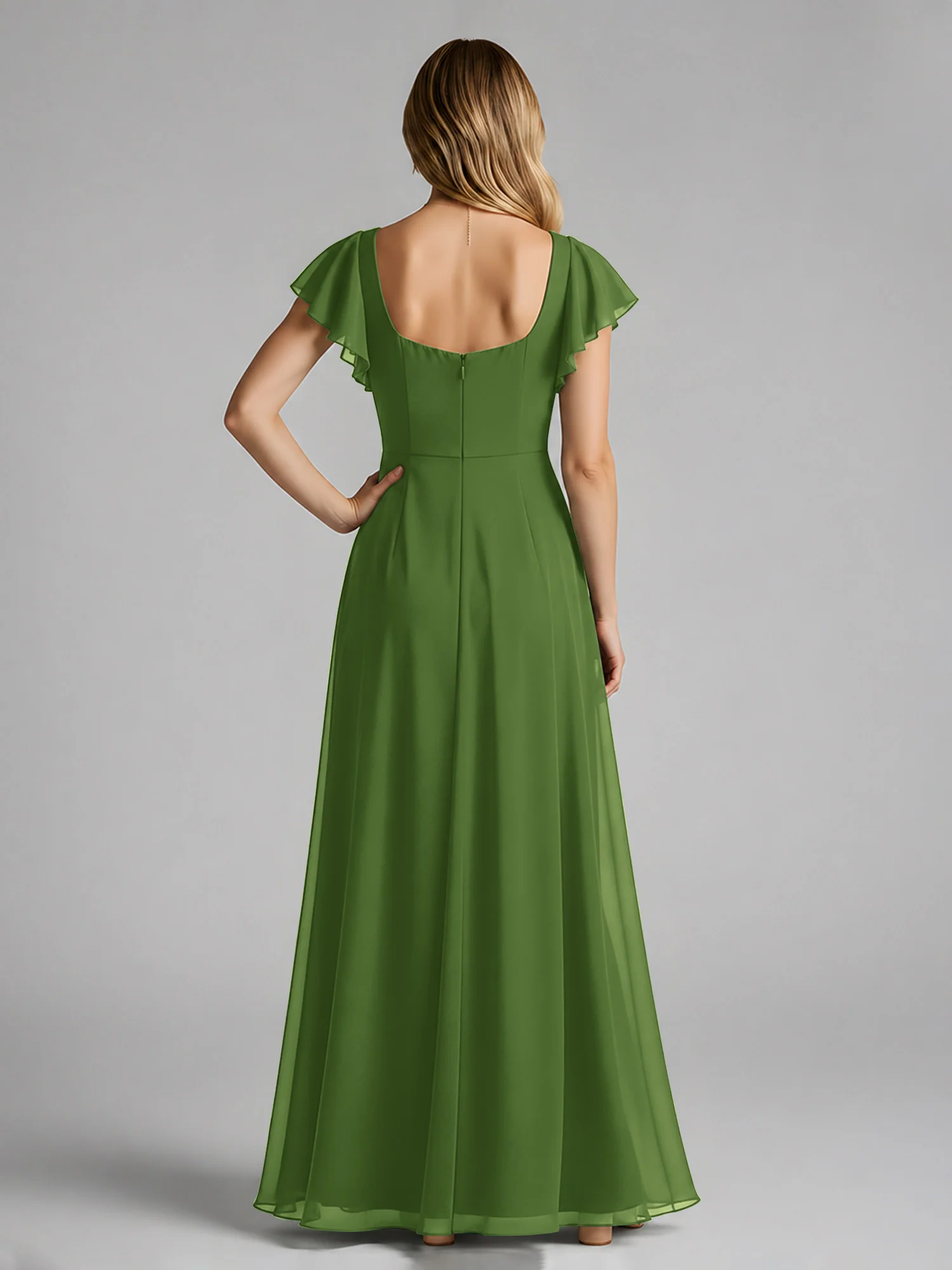 Chiffon Square Neck Flutter Sleeves Dresses With Slit Moss - Image 2