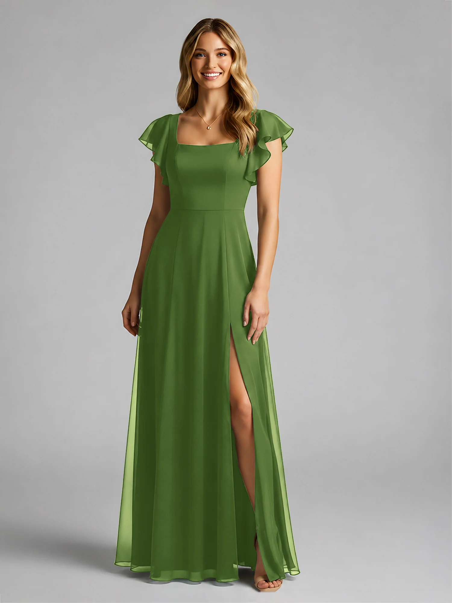 Chiffon Square Neck Flutter Sleeves Dresses With Slit Moss - Image 3