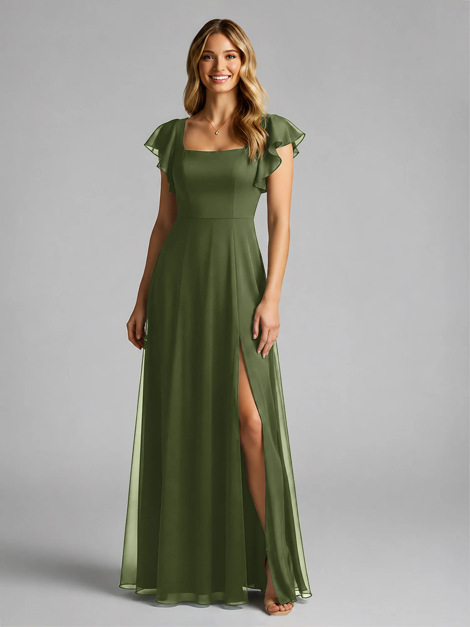 Chiffon Square Neck Flutter Sleeves Dresses With Slit Olive Green - Image 3