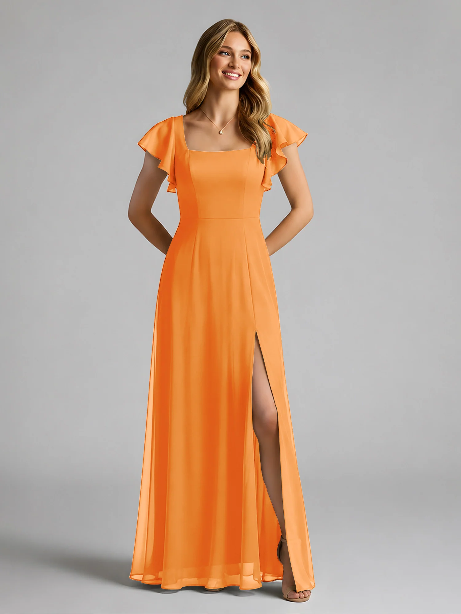 Chiffon Square Neck Flutter Sleeves Dresses With Slit Orange