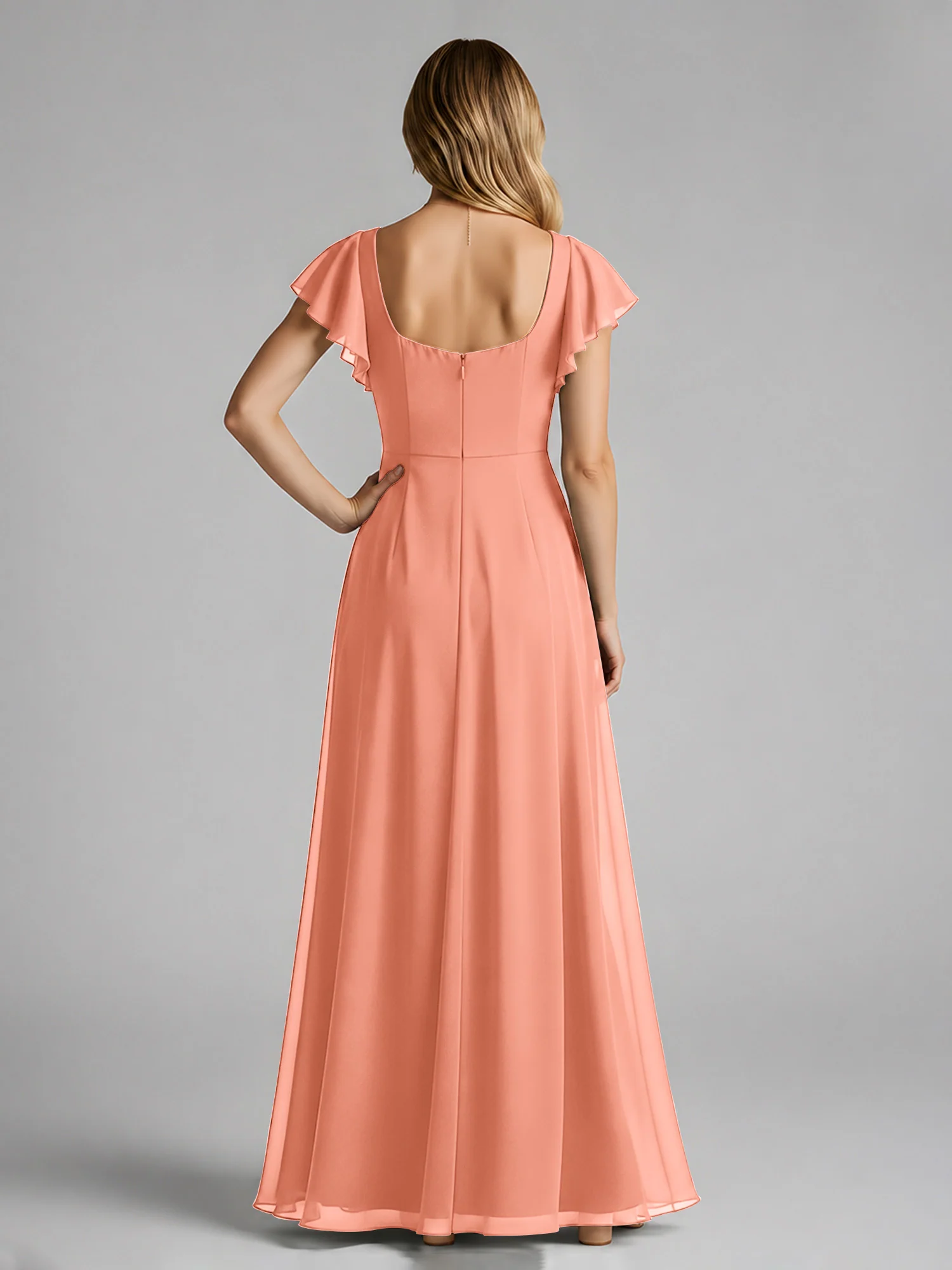 Chiffon Square Neck Flutter Sleeves Dresses With Slit Papaya - Image 2