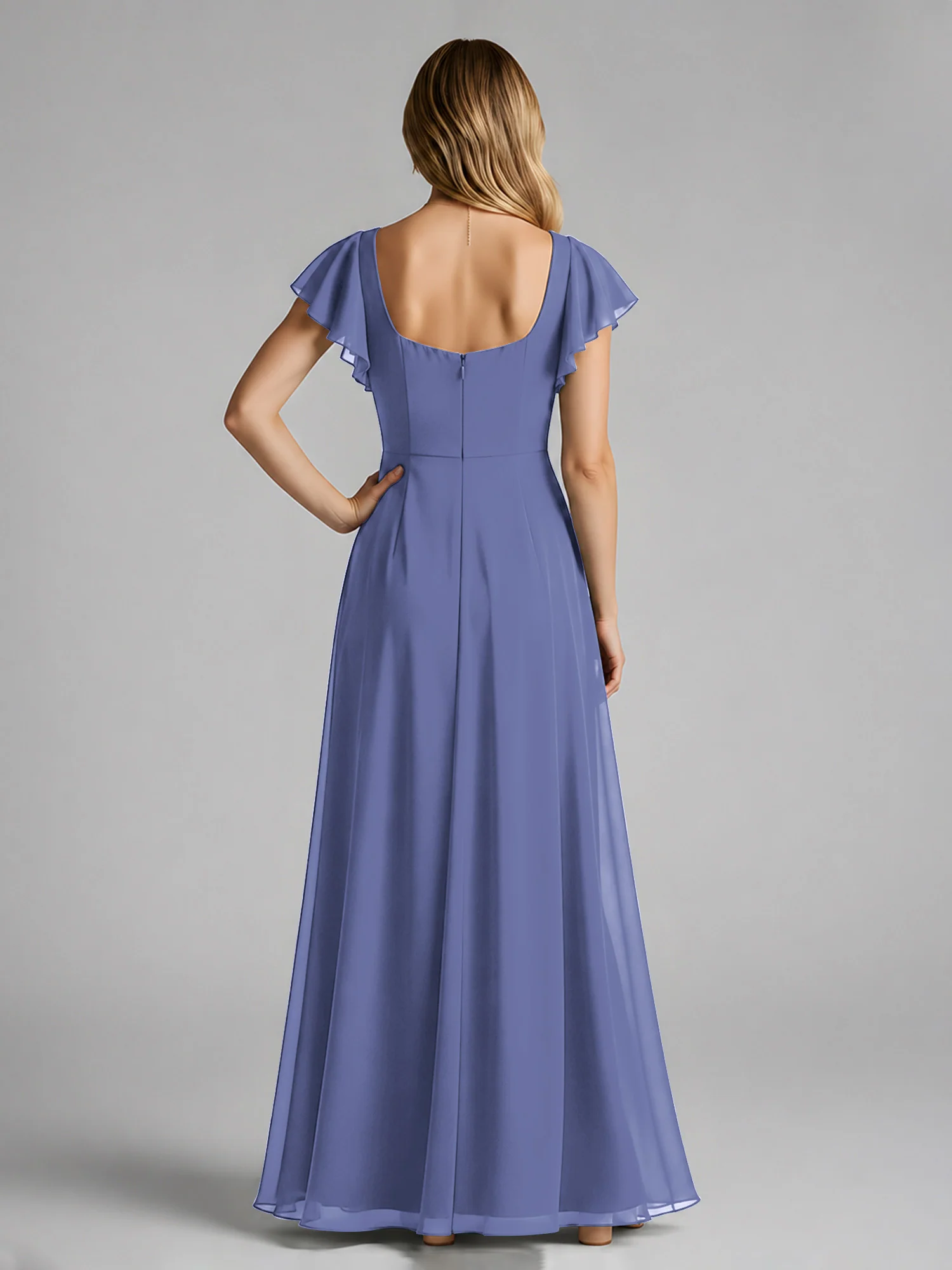 Chiffon Square Neck Flutter Sleeves Dresses With Slit Periwinkle - Image 2