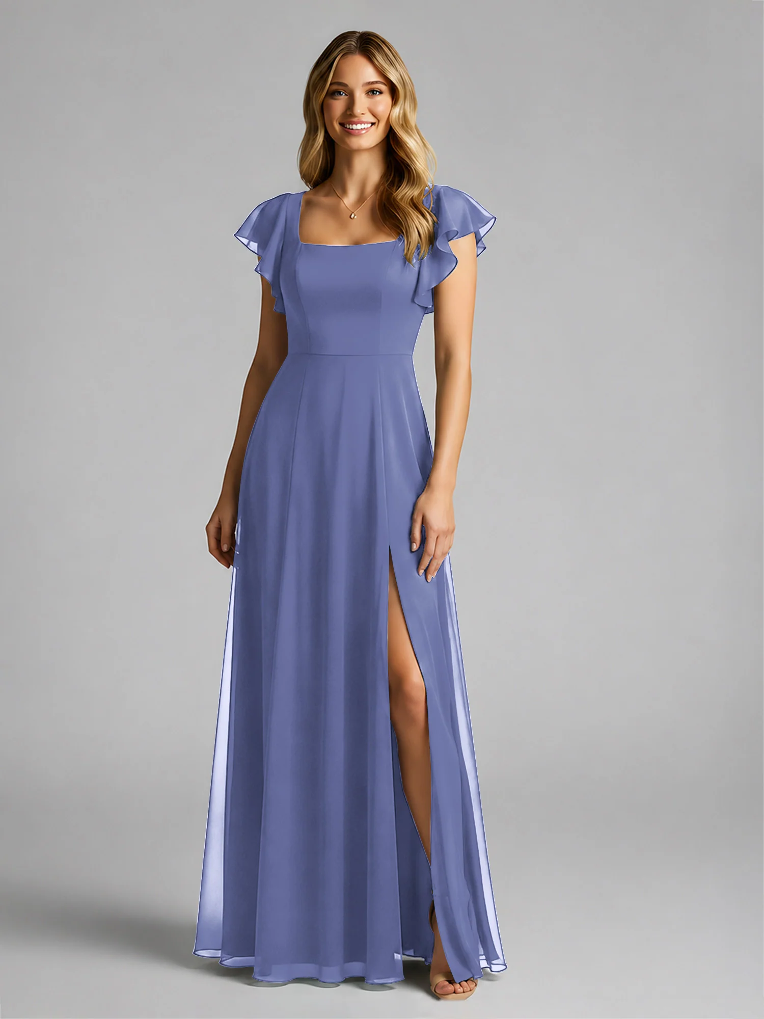 Chiffon Square Neck Flutter Sleeves Dresses With Slit Periwinkle - Image 3