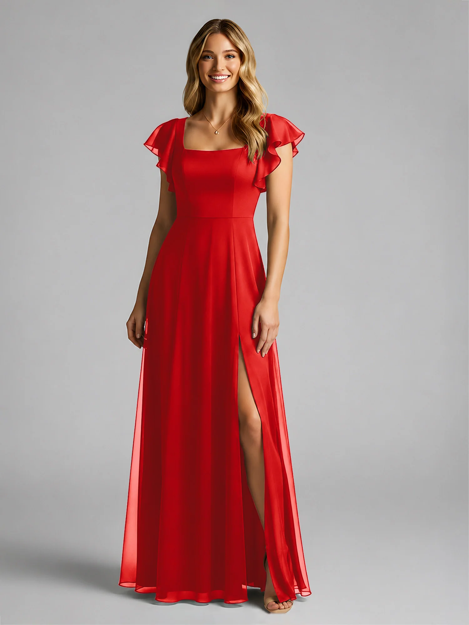 Chiffon Square Neck Flutter Sleeves Dresses With Slit Red - Image 3