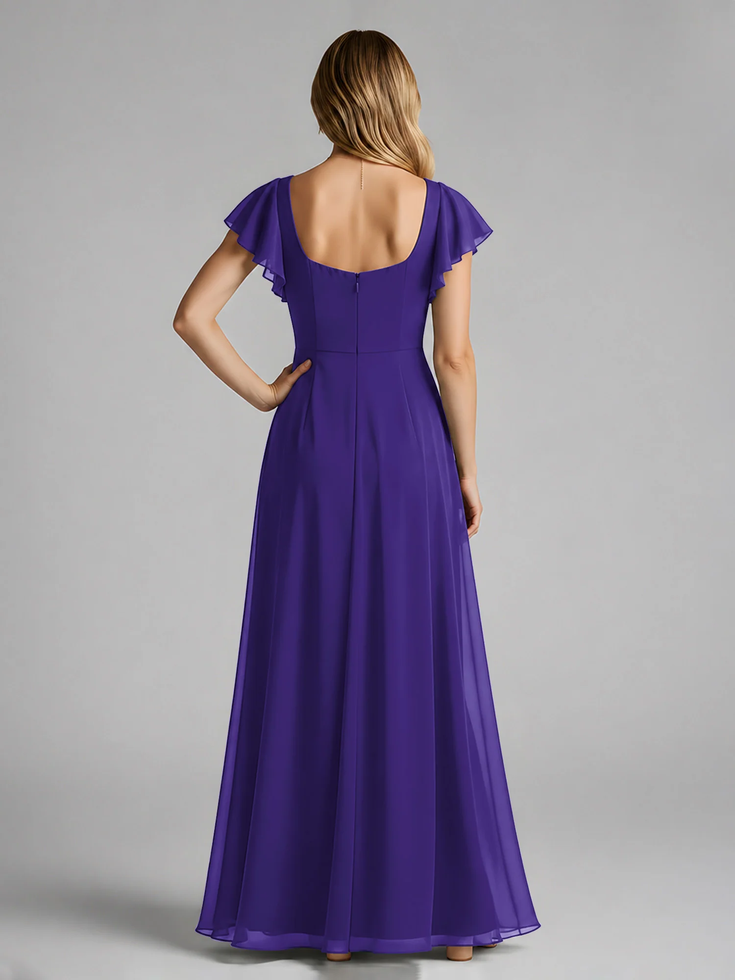 Chiffon Square Neck Flutter Sleeves Dresses With Slit Regency - Image 2