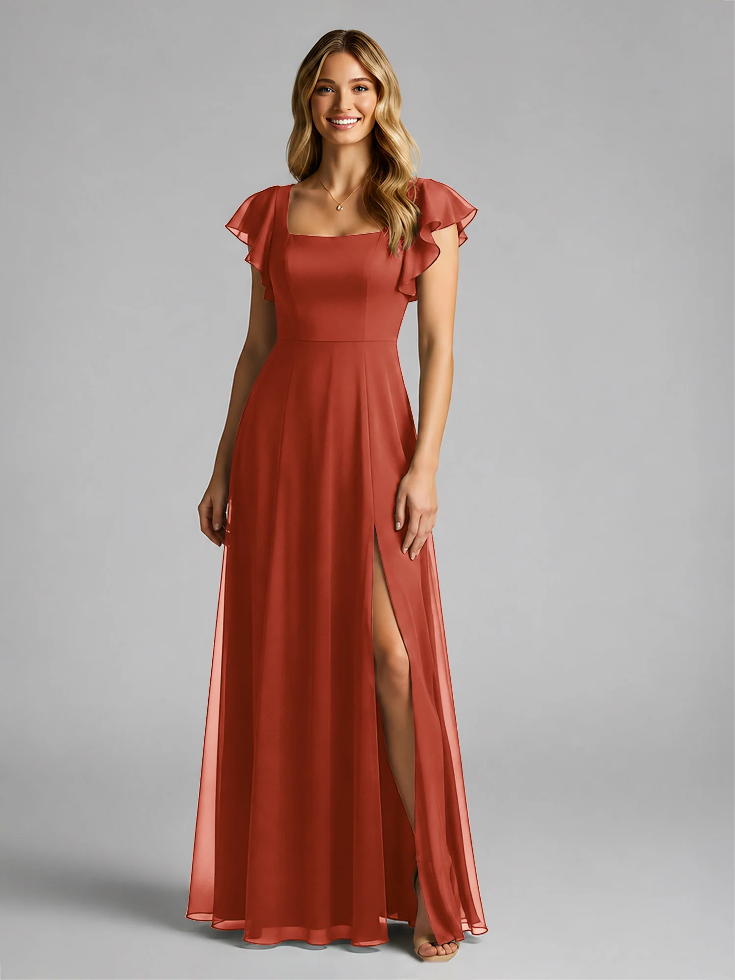 Chiffon Square Neck Flutter Sleeves Dresses With Slit Rust - Image 3