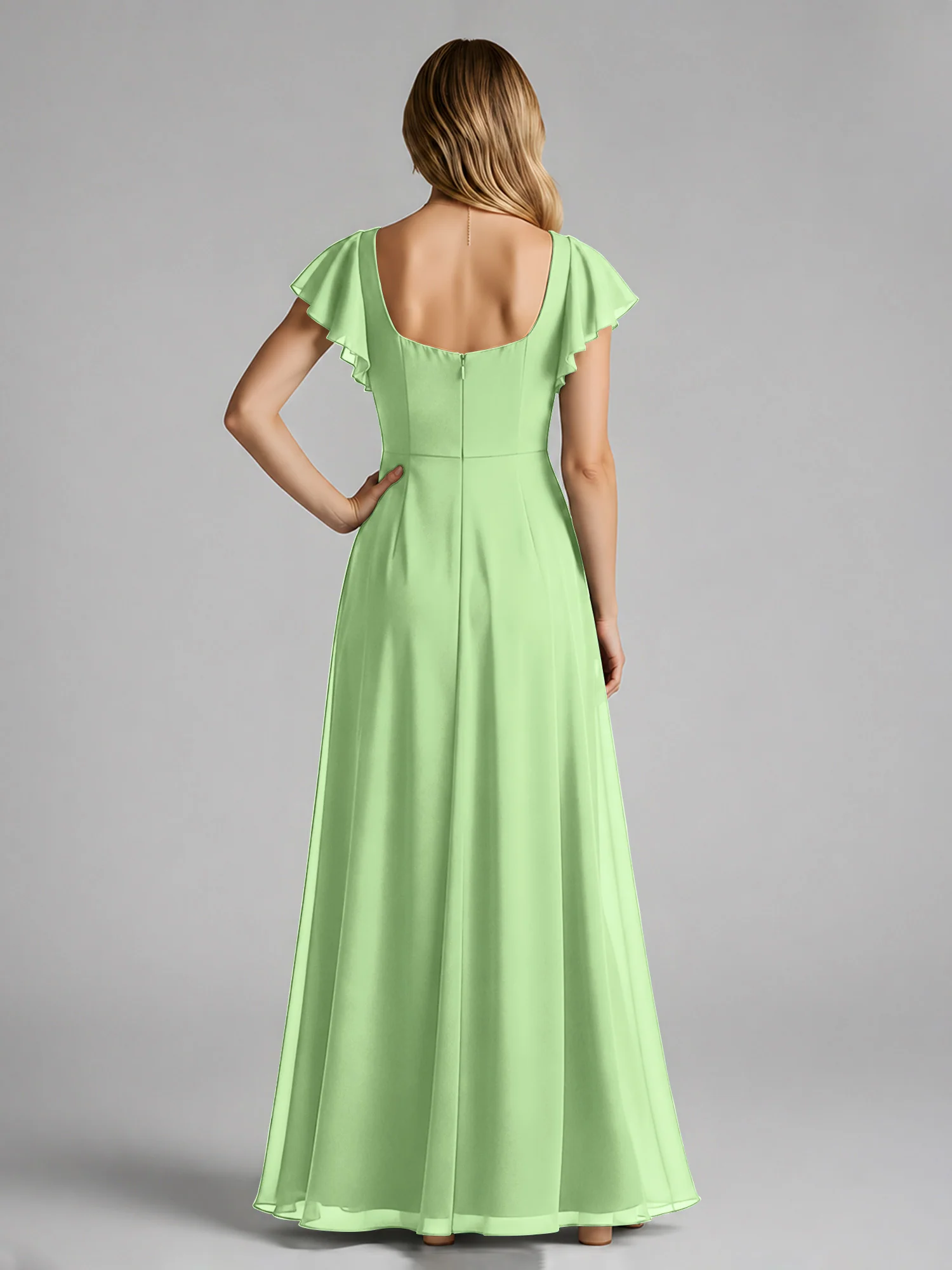 Chiffon Square Neck Flutter Sleeves Dresses With Slit Sage - Image 2