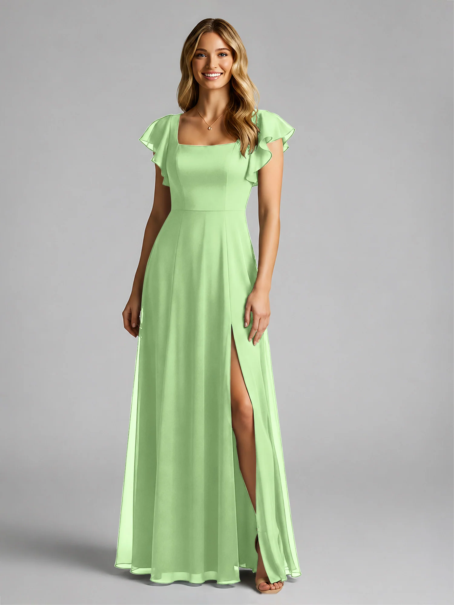Chiffon Square Neck Flutter Sleeves Dresses With Slit Sage - Image 3