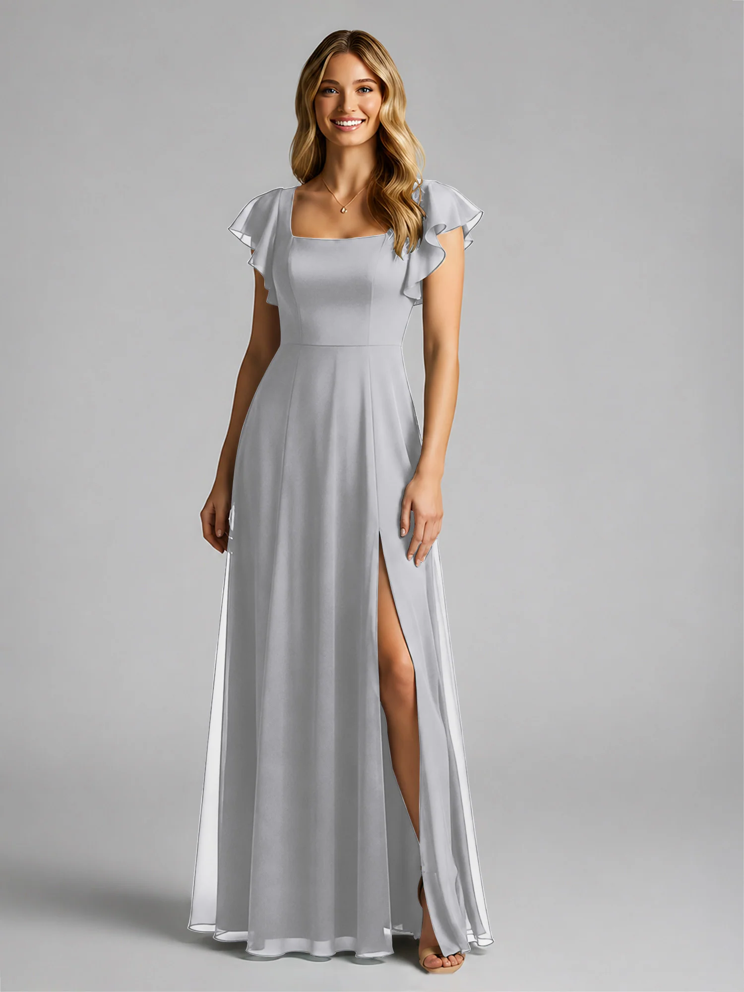Chiffon Square Neck Flutter Sleeves Dresses With Slit Silver - Image 3