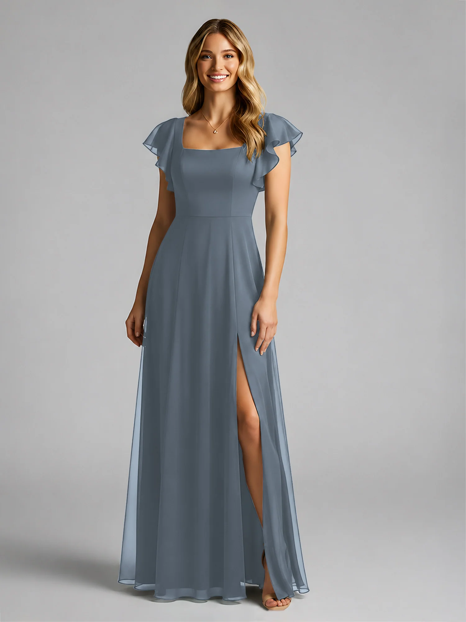 Chiffon Square Neck Flutter Sleeves Dresses With Slit Slate Blue - Image 3